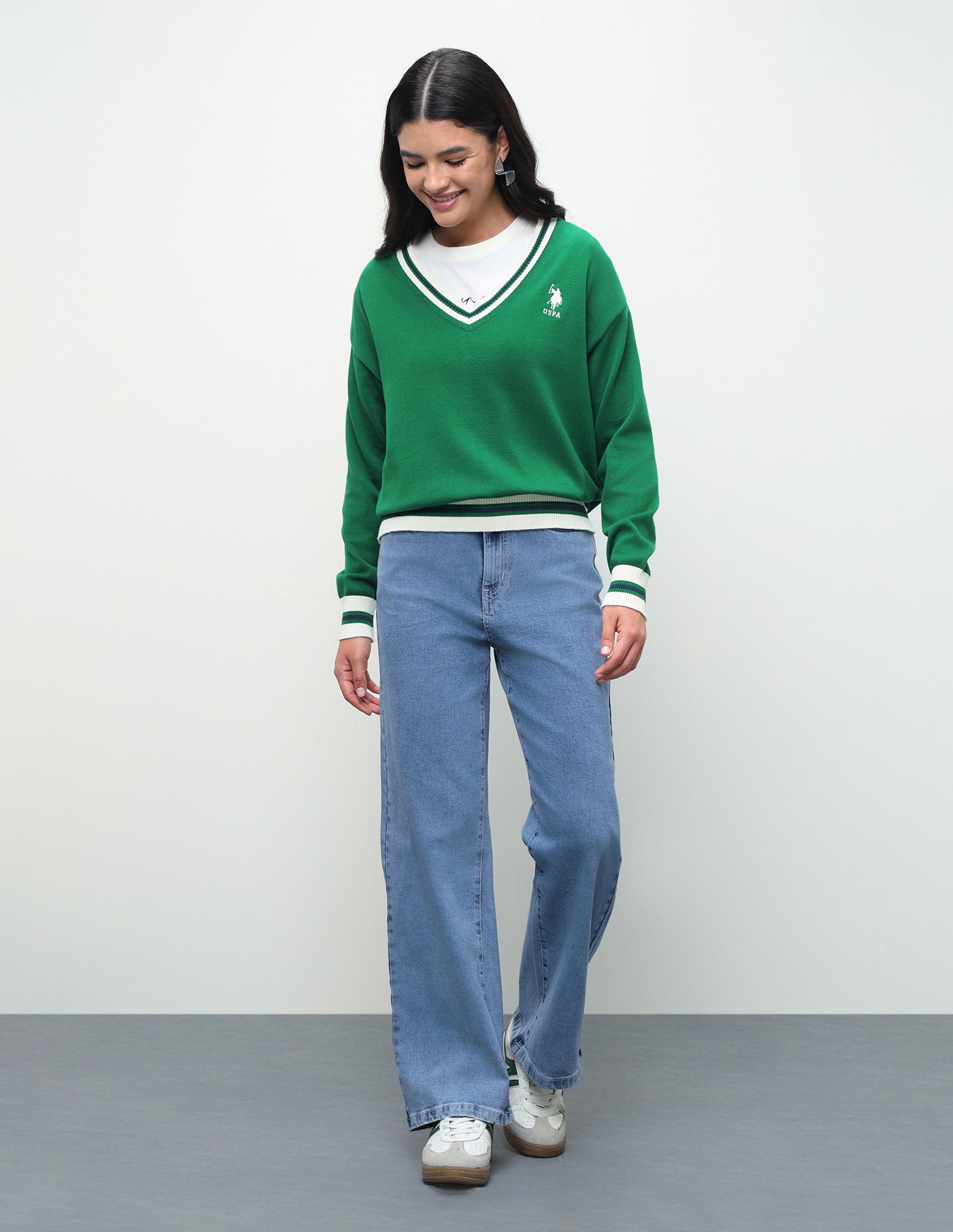 Solid Regular Fit Sweater Green - U.S. Polo Assn. India | Large