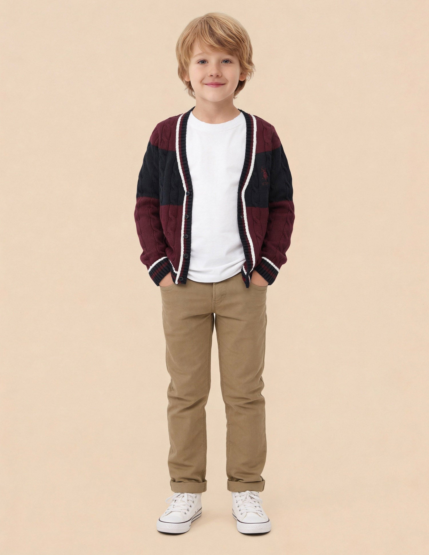 Boys Cable Knit Colorblocked Regular Fit Sweater Maroon - U.S. Polo Assn. India | Large