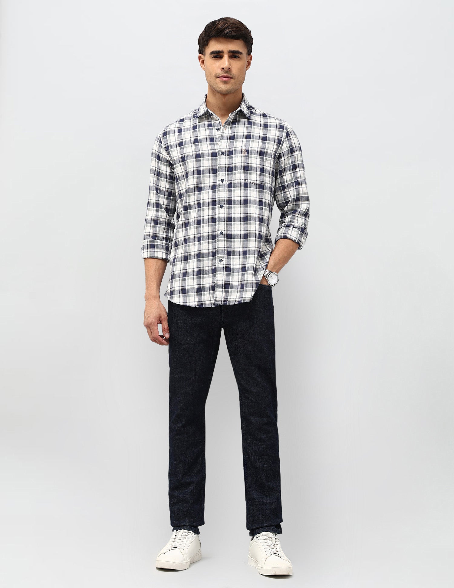 Tartan Checked Herringbone Shirt Dark Blue - U.S. POLO ASSN. | Large