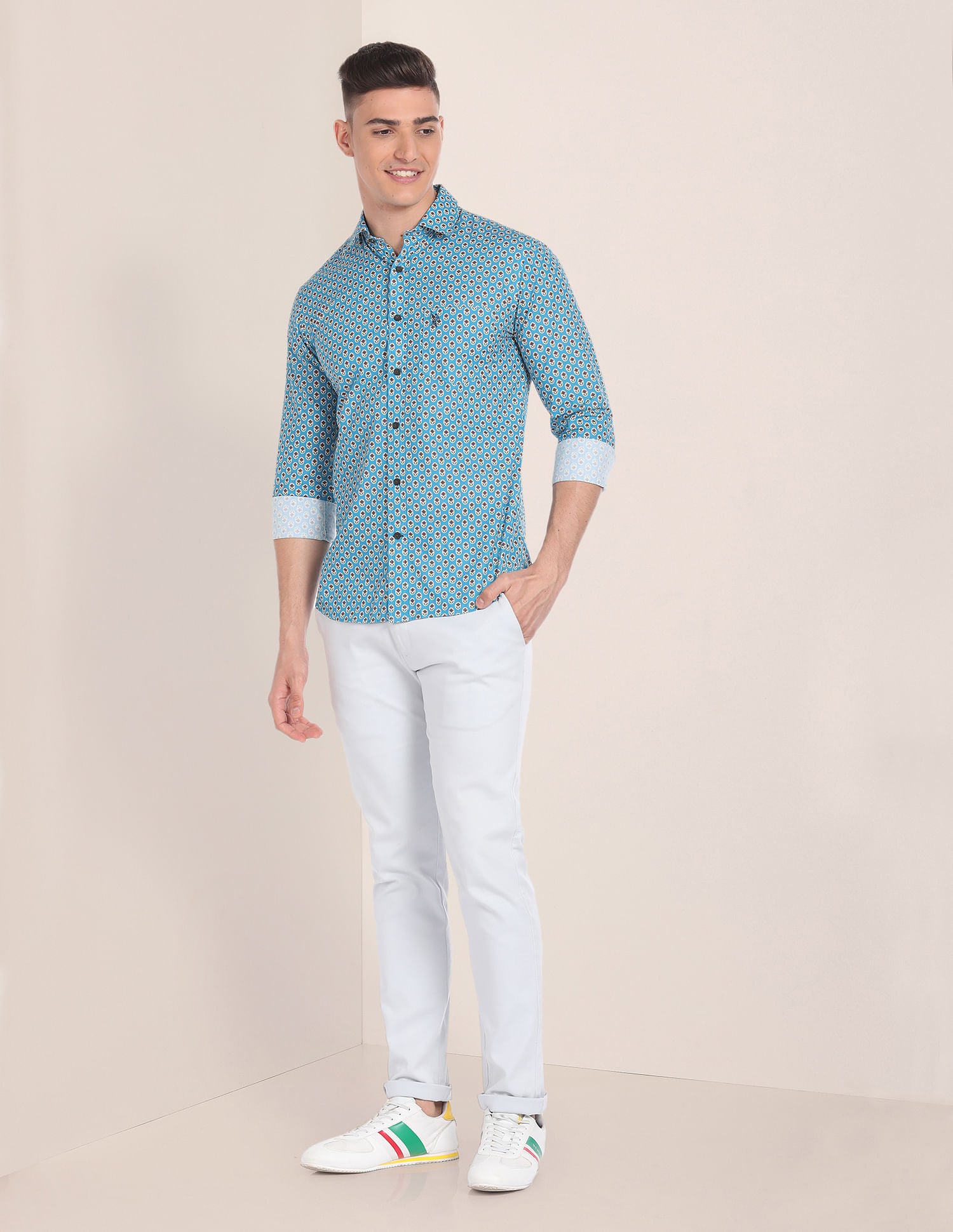 Floral Print Cotton Shirt Light Teal - U.S. Polo Assn. India | Large