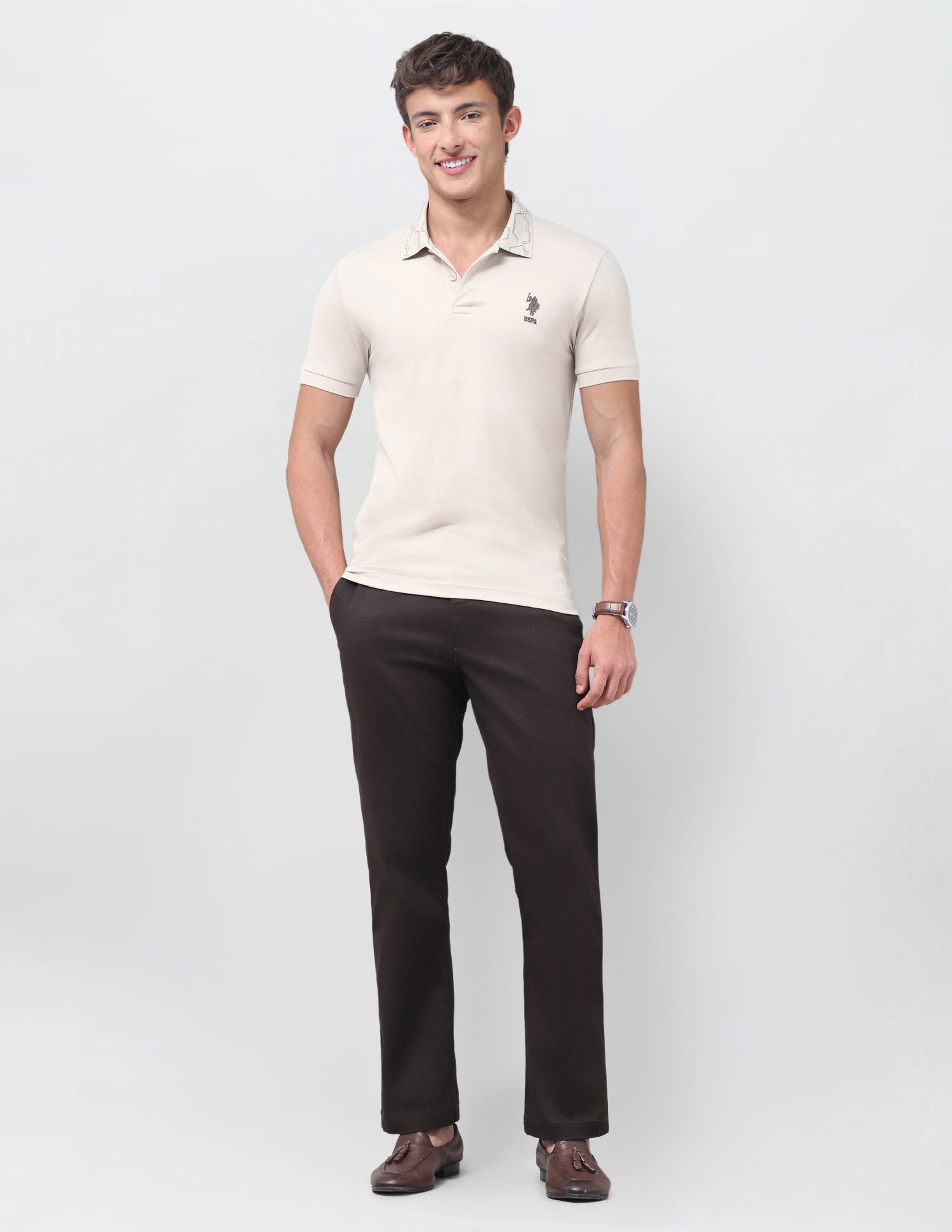 Solid Slim Fit Polo Shirt Beige - U.S. Polo Assn. India | Large