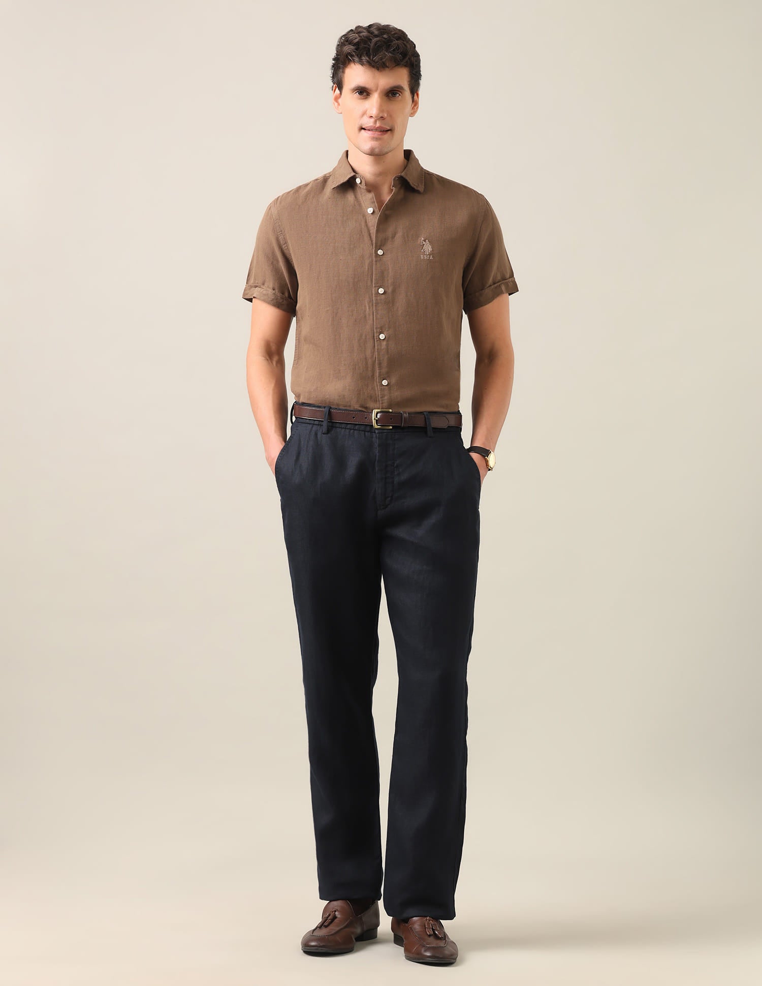 Solid Regular Fit Shirt Khaki - U.S. Polo Assn. India | Large