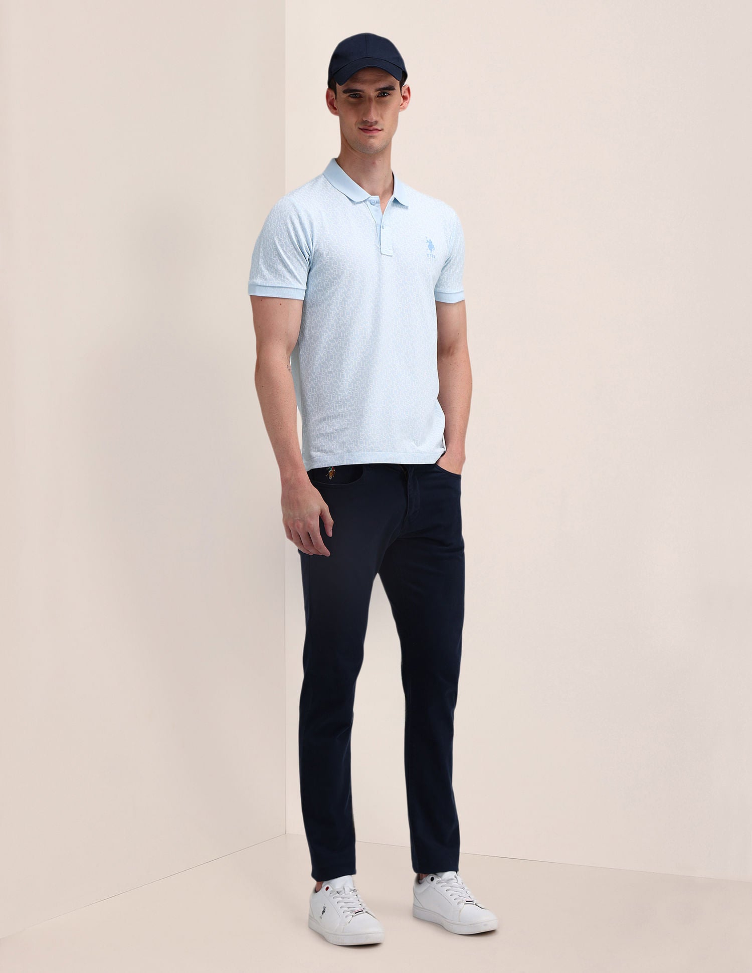 Slim Fit Printed Cotton Polo Shirt Blue - U.S. Polo Assn. India | Large