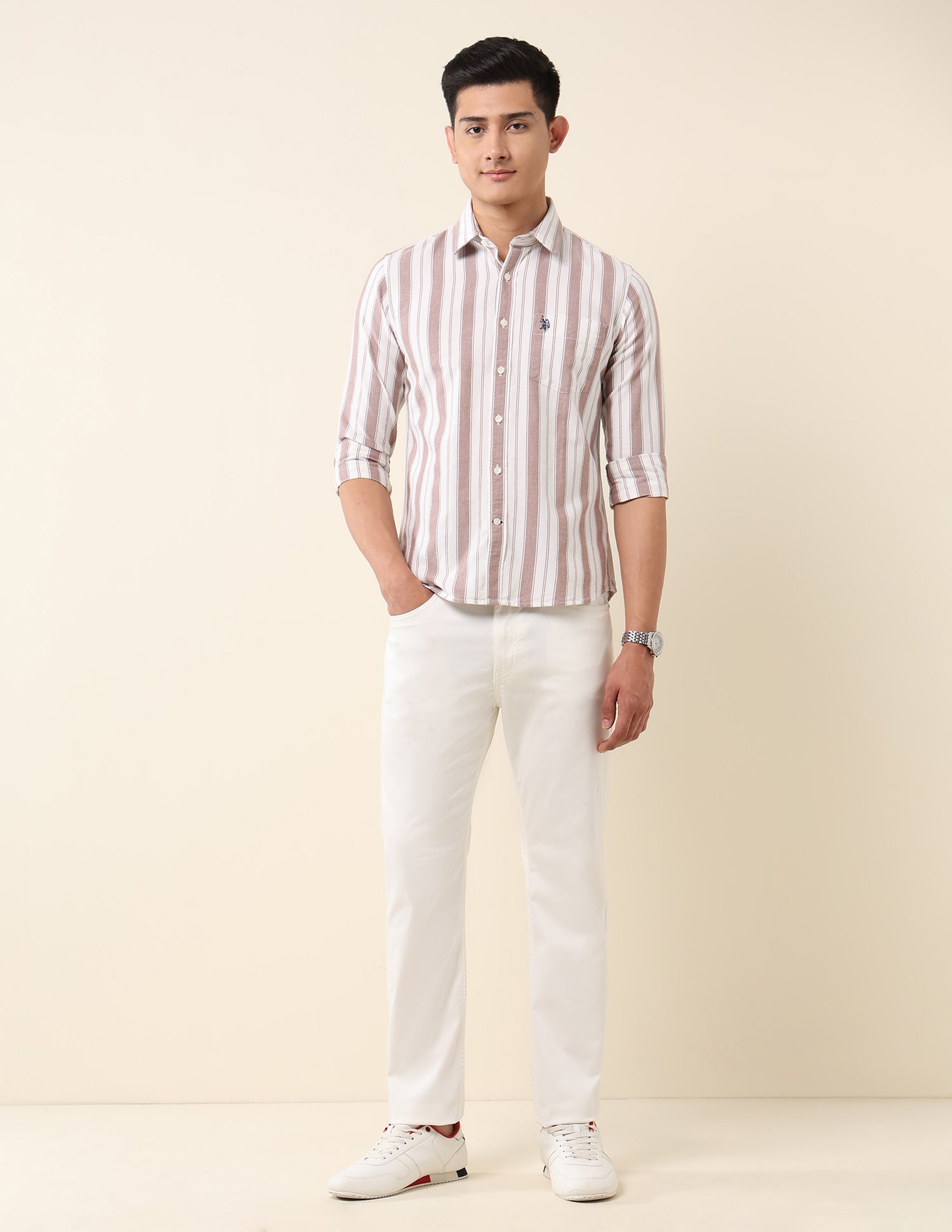 Vertical Striped Pure Cotton Shirt Brown - U.S. Polo Assn. India | Large