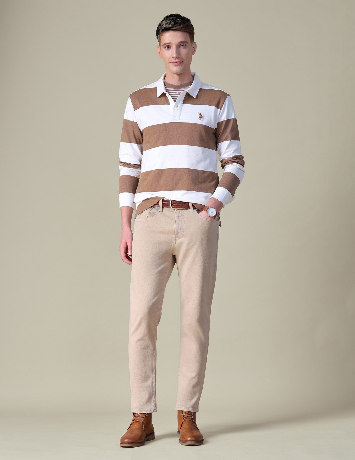 Horizontal Striped Slim Fit Polo Shirt Light Brown - U.S. POLO ASSN. | Large