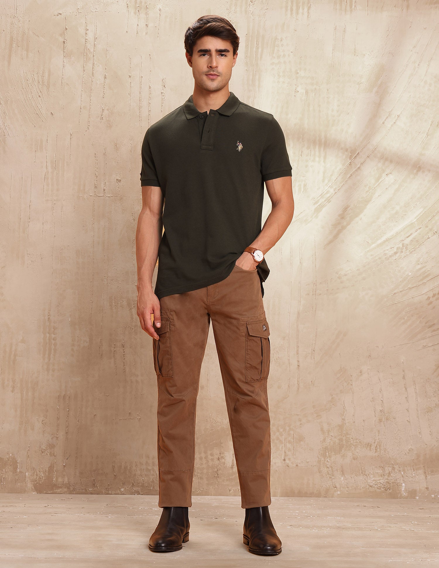 Textured Pure Cotton Polo Shirt Olive - U.S. POLO ASSN. | Large