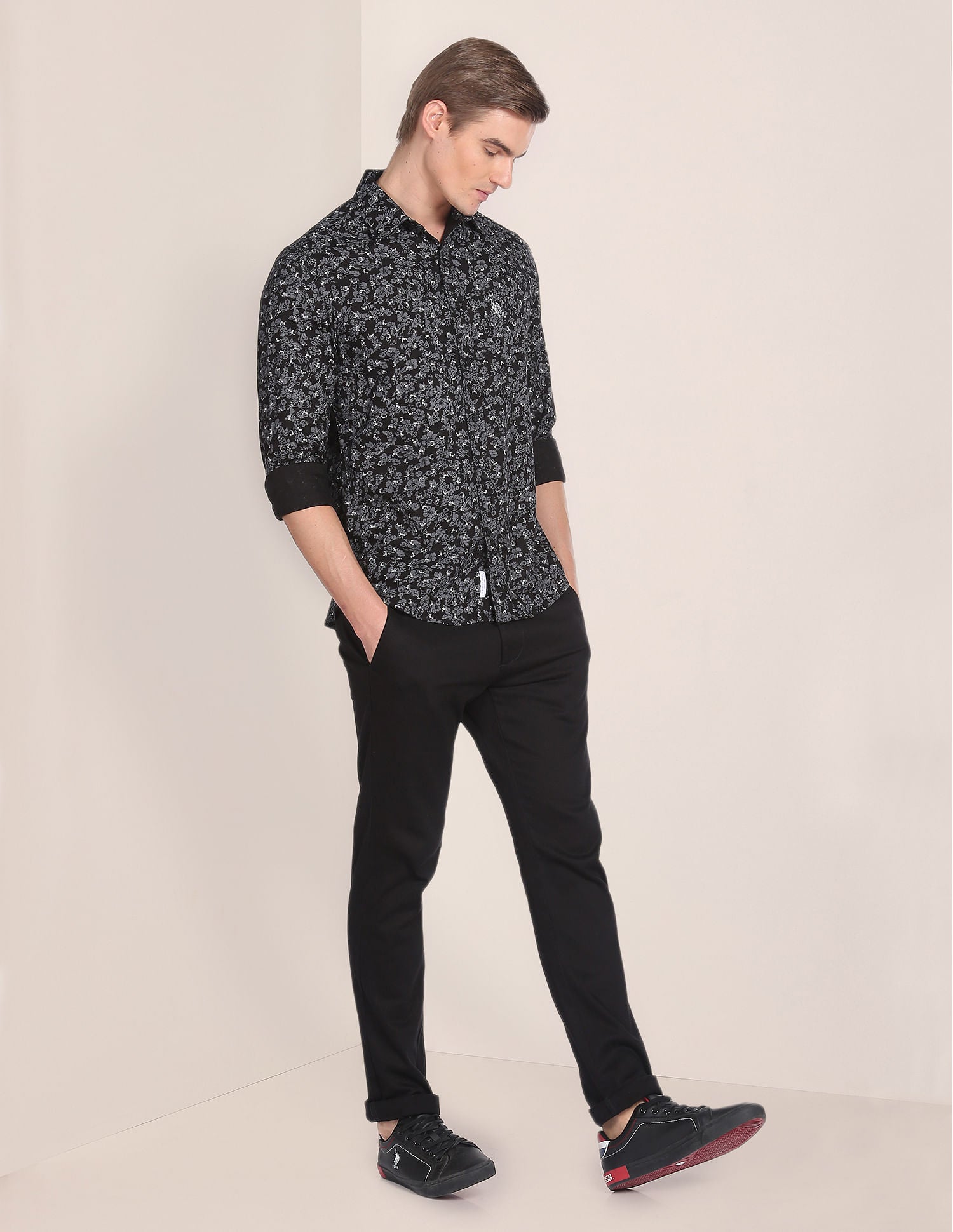 Floral Print Cotton Shirt Black - U.S. POLO ASSN. | Large