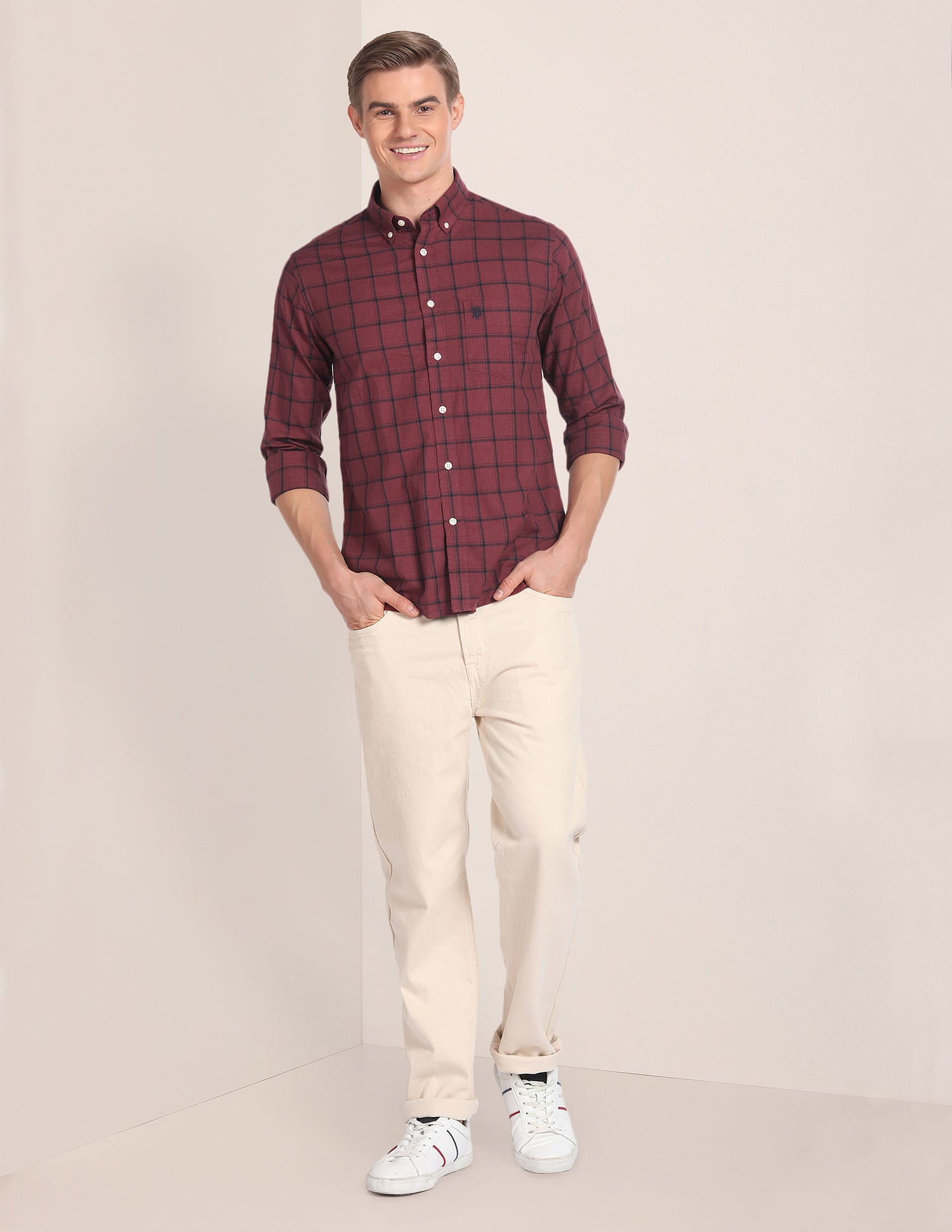 Windowpane Check Cotton Shirt Maroon - U.S. Polo Assn. India | Large