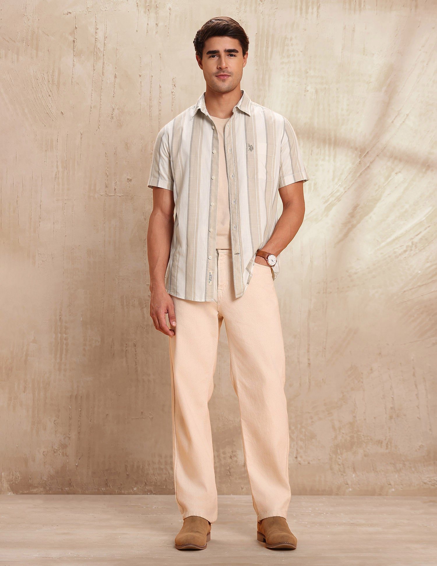 Slim Fit Vertical Striped Shirt Beige - U.S. POLO ASSN. | Large