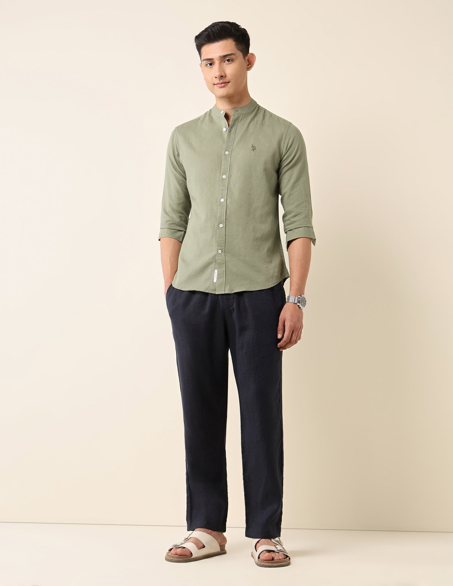 Tailored Fit Mandarin Shirt Light Olive - U.S. Polo Assn. India | Large