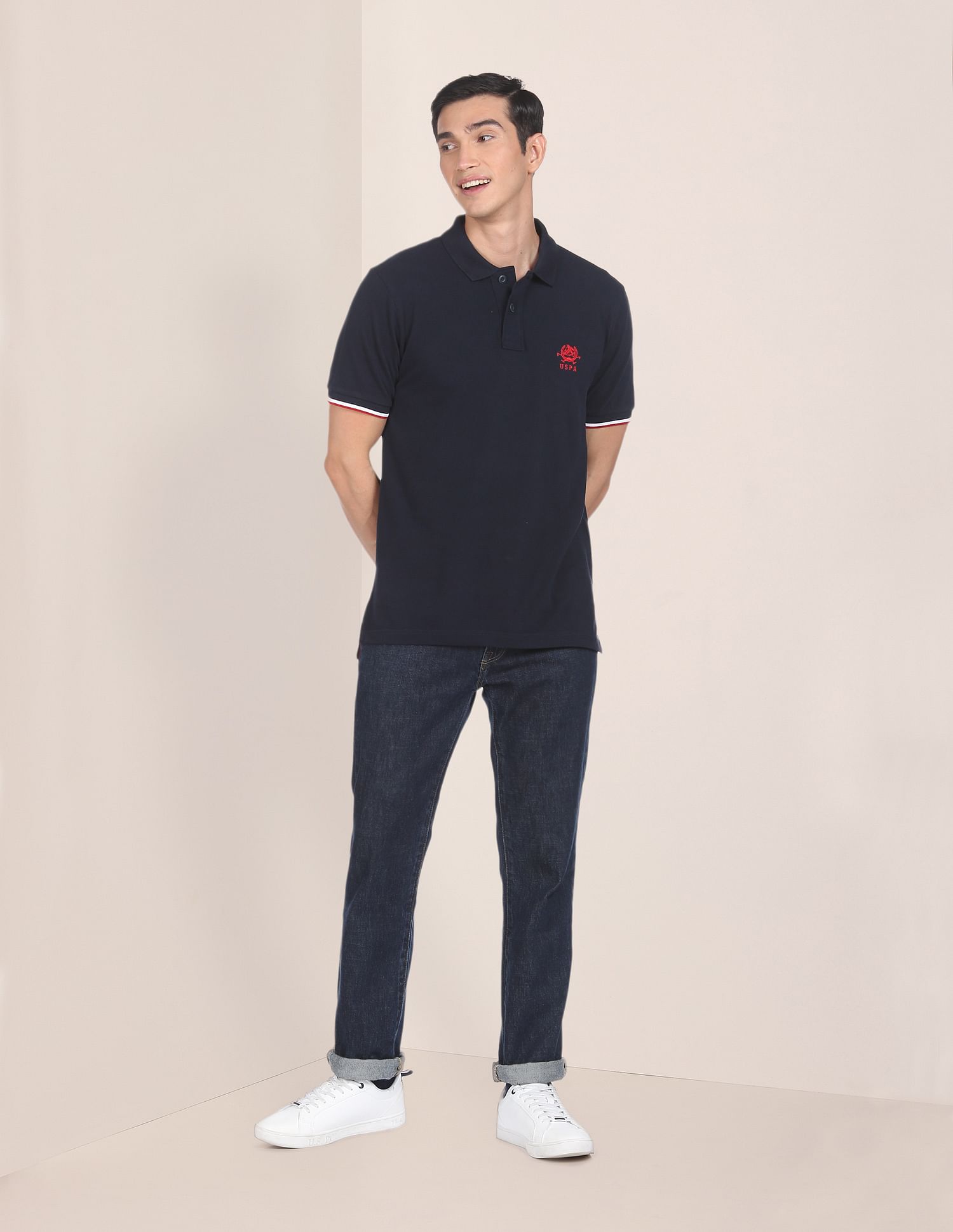 Ribbed Collar Solid Polo Shirt Navy - U.S. Polo Assn. India | Large