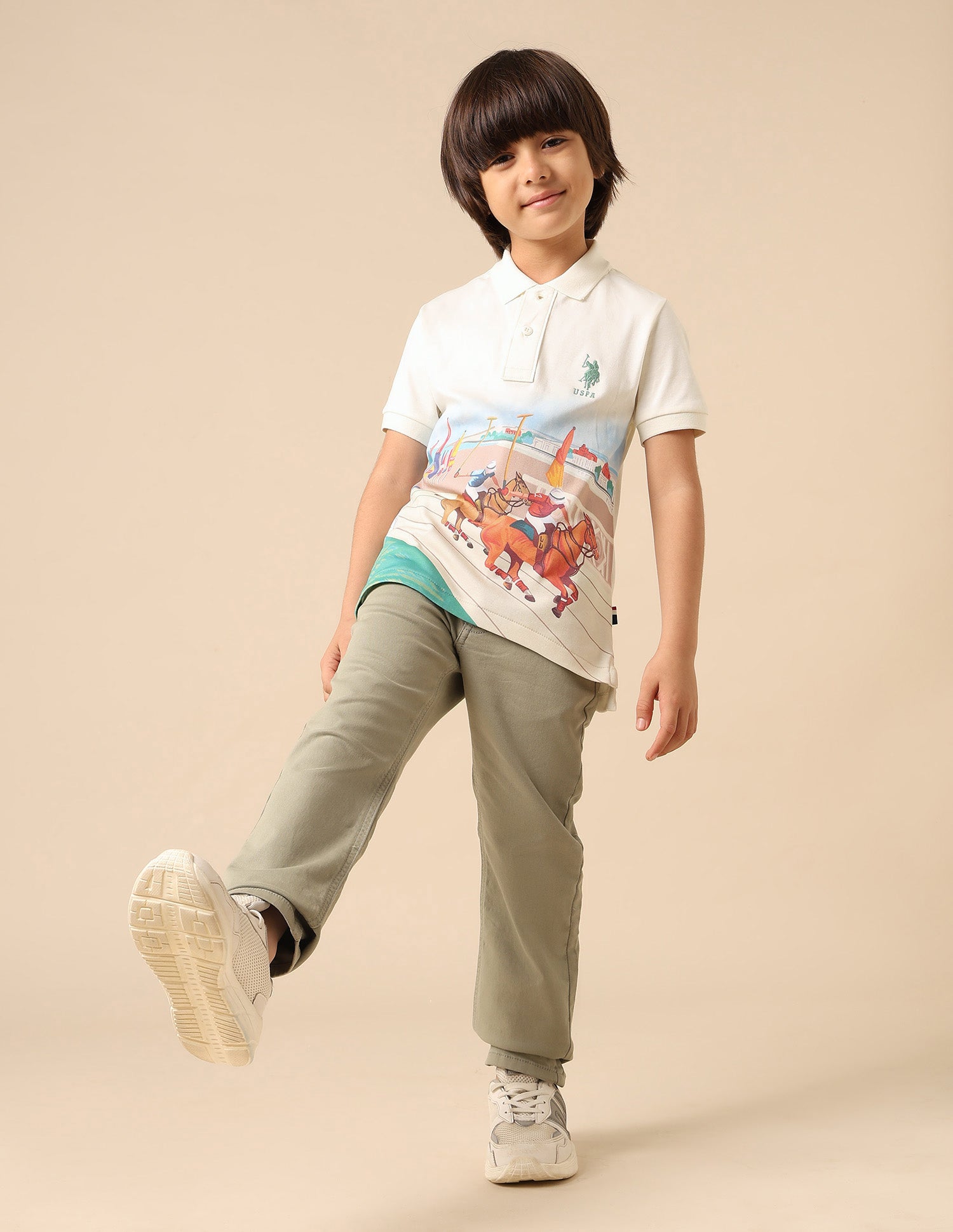 Boys Graphic Printed Regular Fit Polo Shirt Off White - U.S. POLO ASSN. | Large