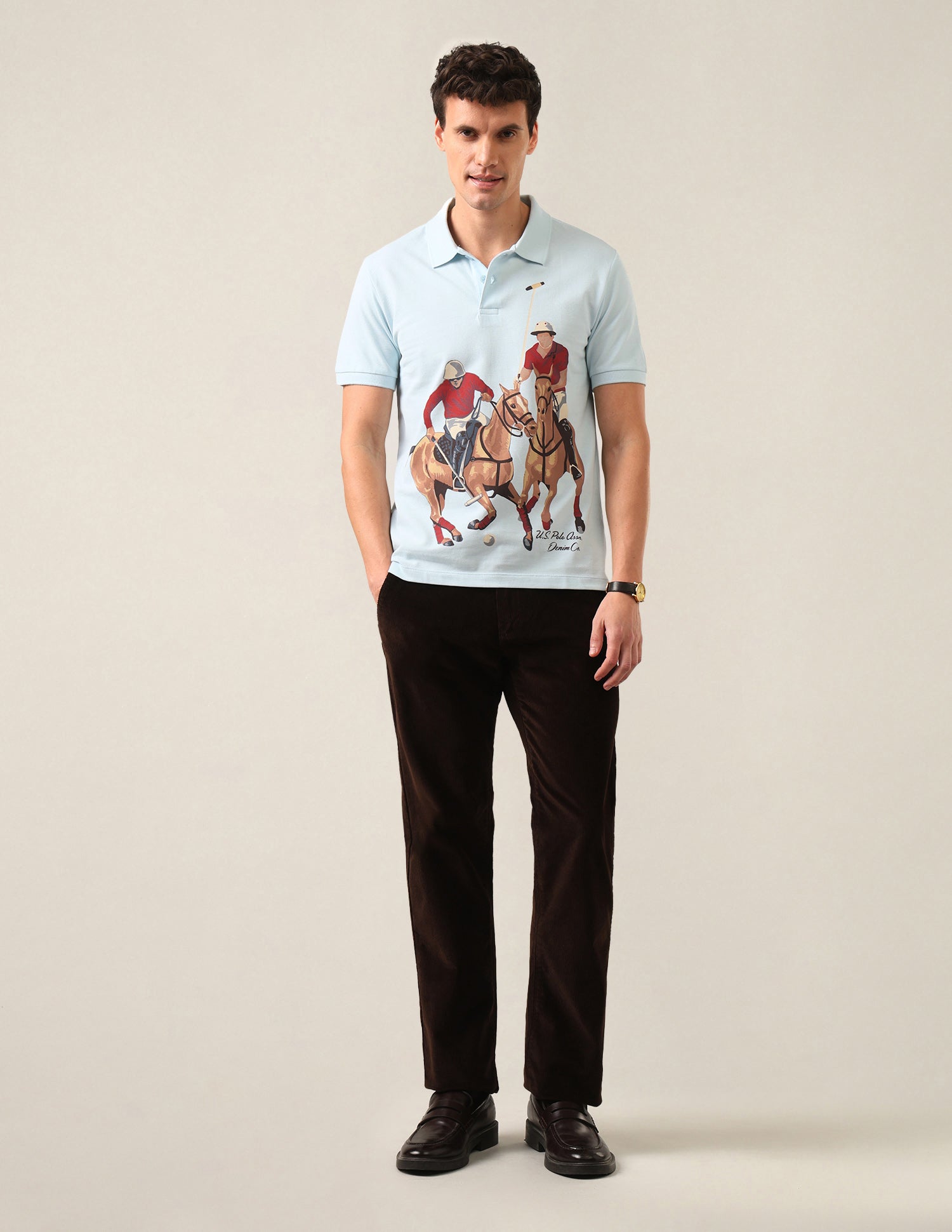 Graphic Brand Printed Slim Fit Polo Shirt Light Blue - U.S. Polo Assn. India | Large