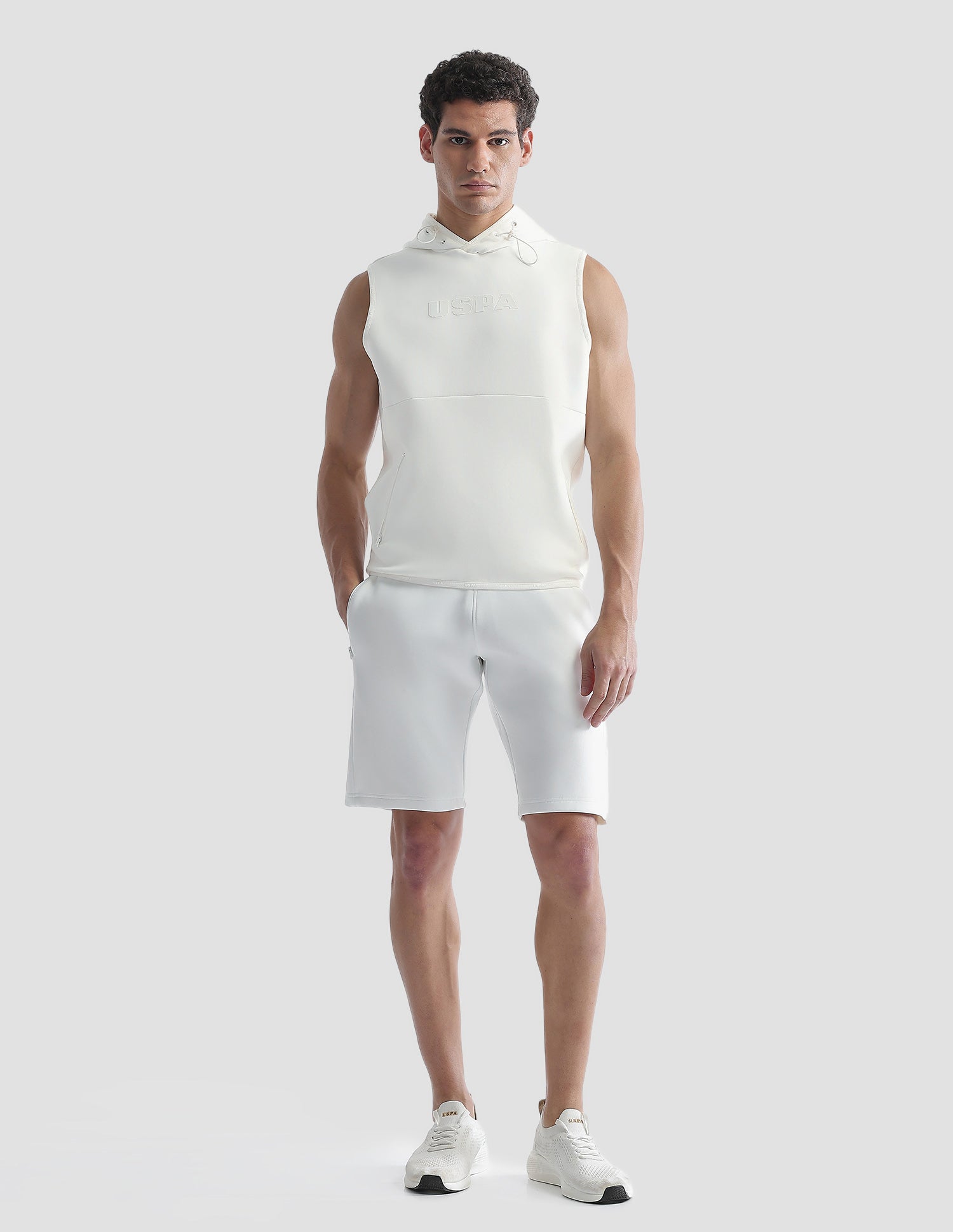 Solid Regular Fit Zipper Active Sweatshirt Off White - U.S. Polo Assn. India | Large