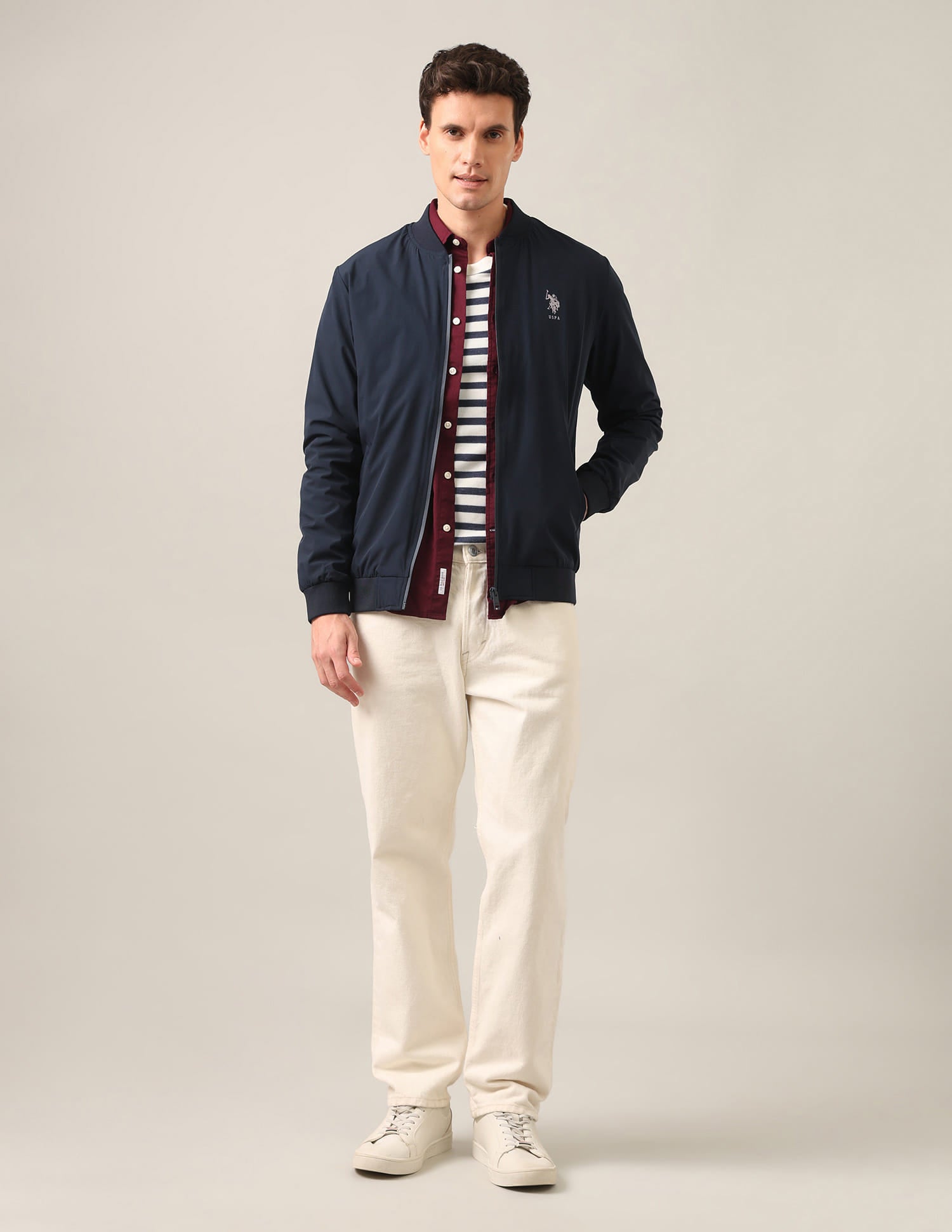 Solid Stand Collar Bomber Jacket Navy - U.S. Polo Assn. India | Large