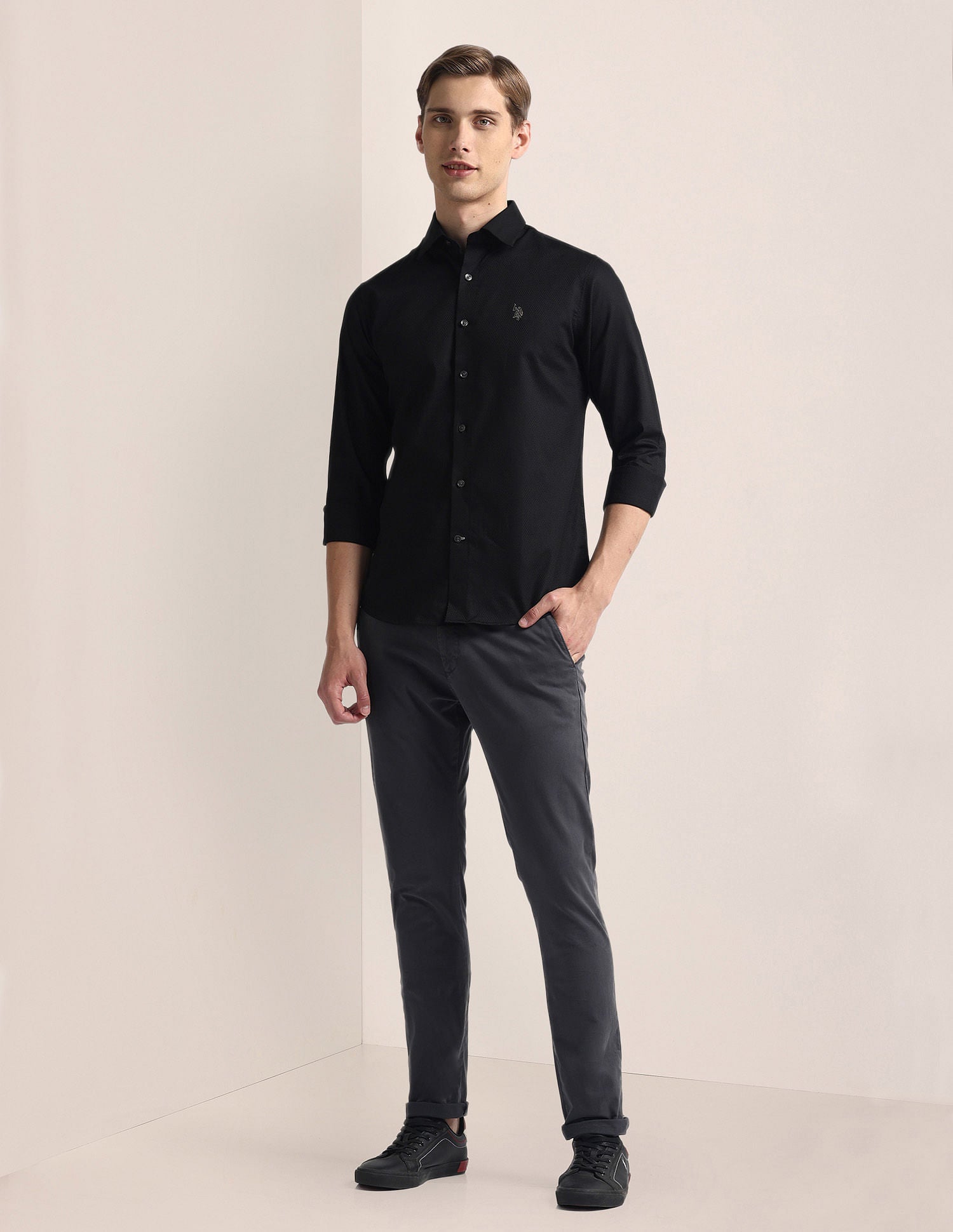 Premium Cotton Dobby Shirt Black - U.S. Polo Assn. India | Large