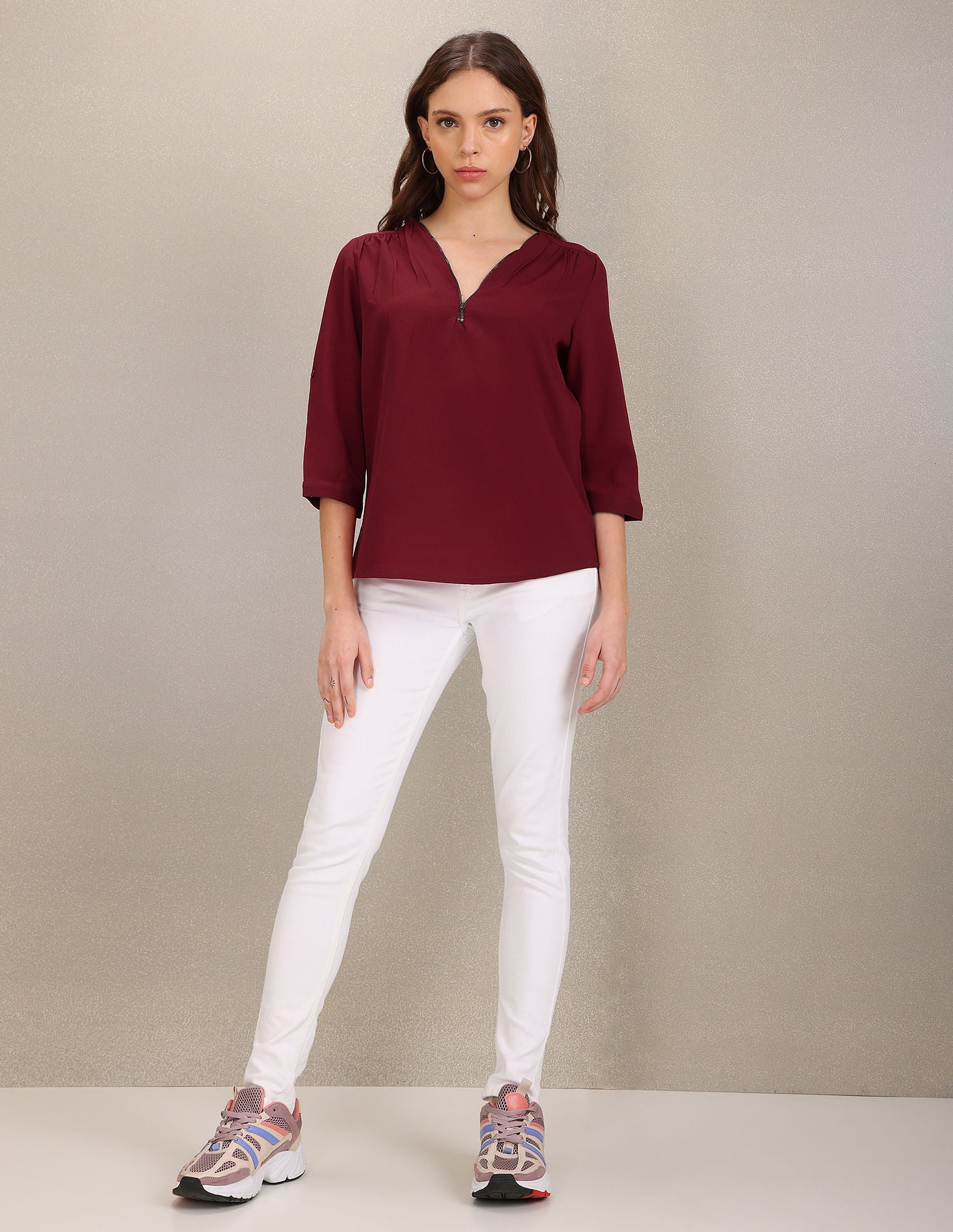 Three Quarter Sleeve Solid Top Maroon - U.S. Polo Assn. India | Large
