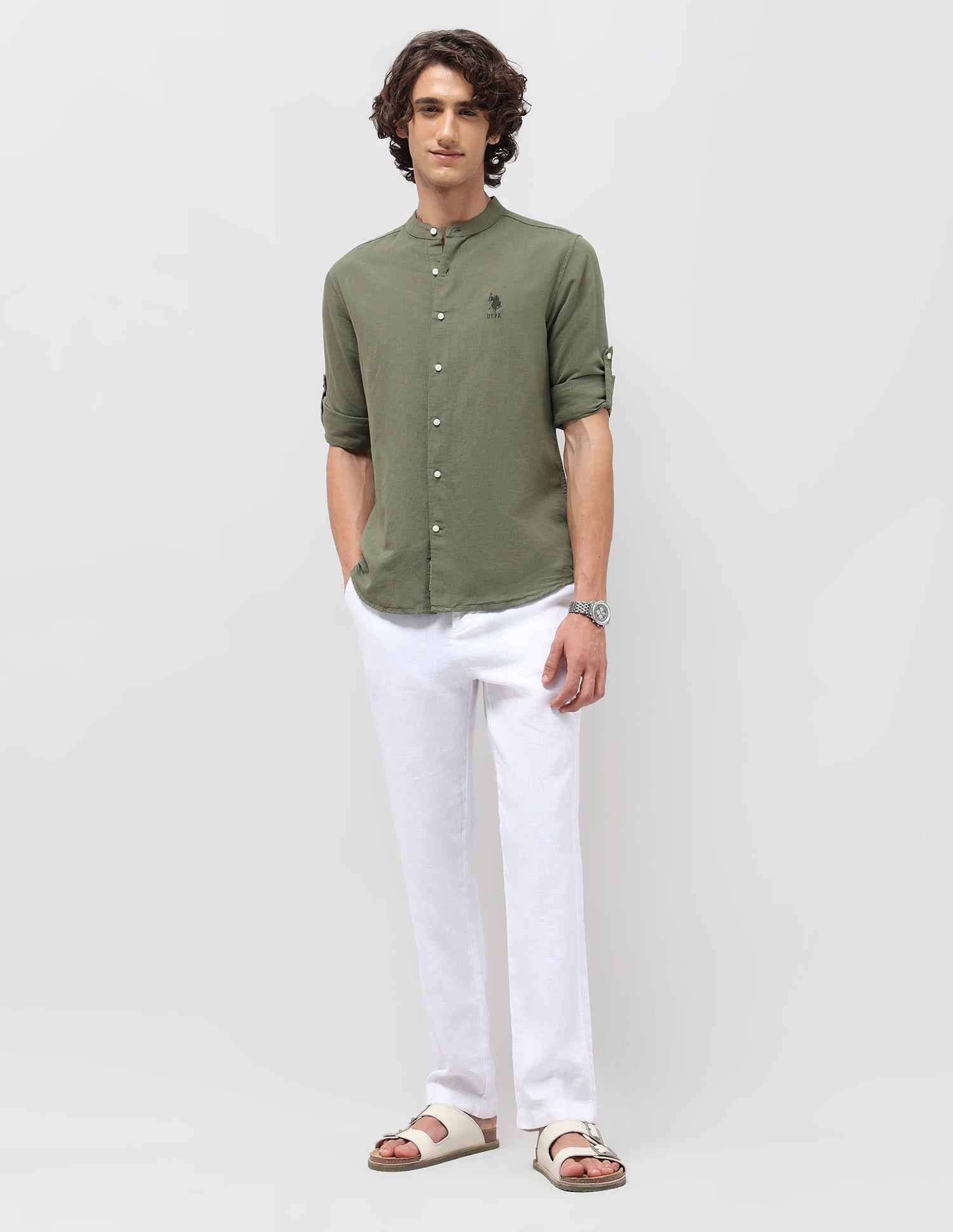 Solid Regular Fit Mandarin Shirt Olive - U.S. POLO ASSN. | Large