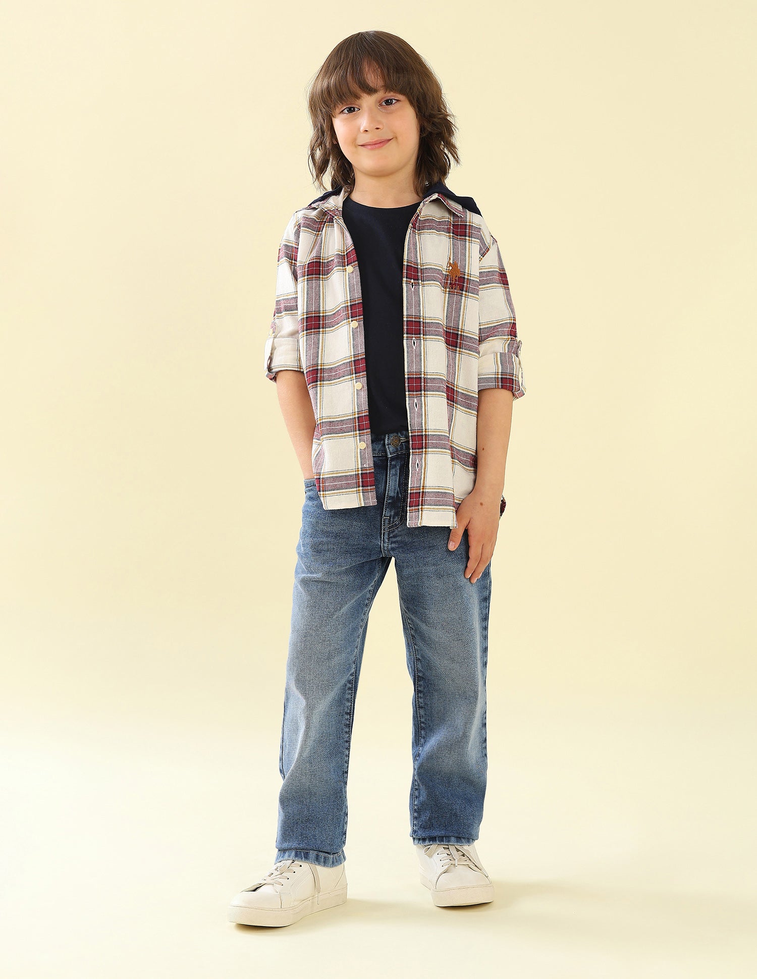 Twill Plaid Checked Hooded Shirt Off White - U.S. Polo Assn. India | Large