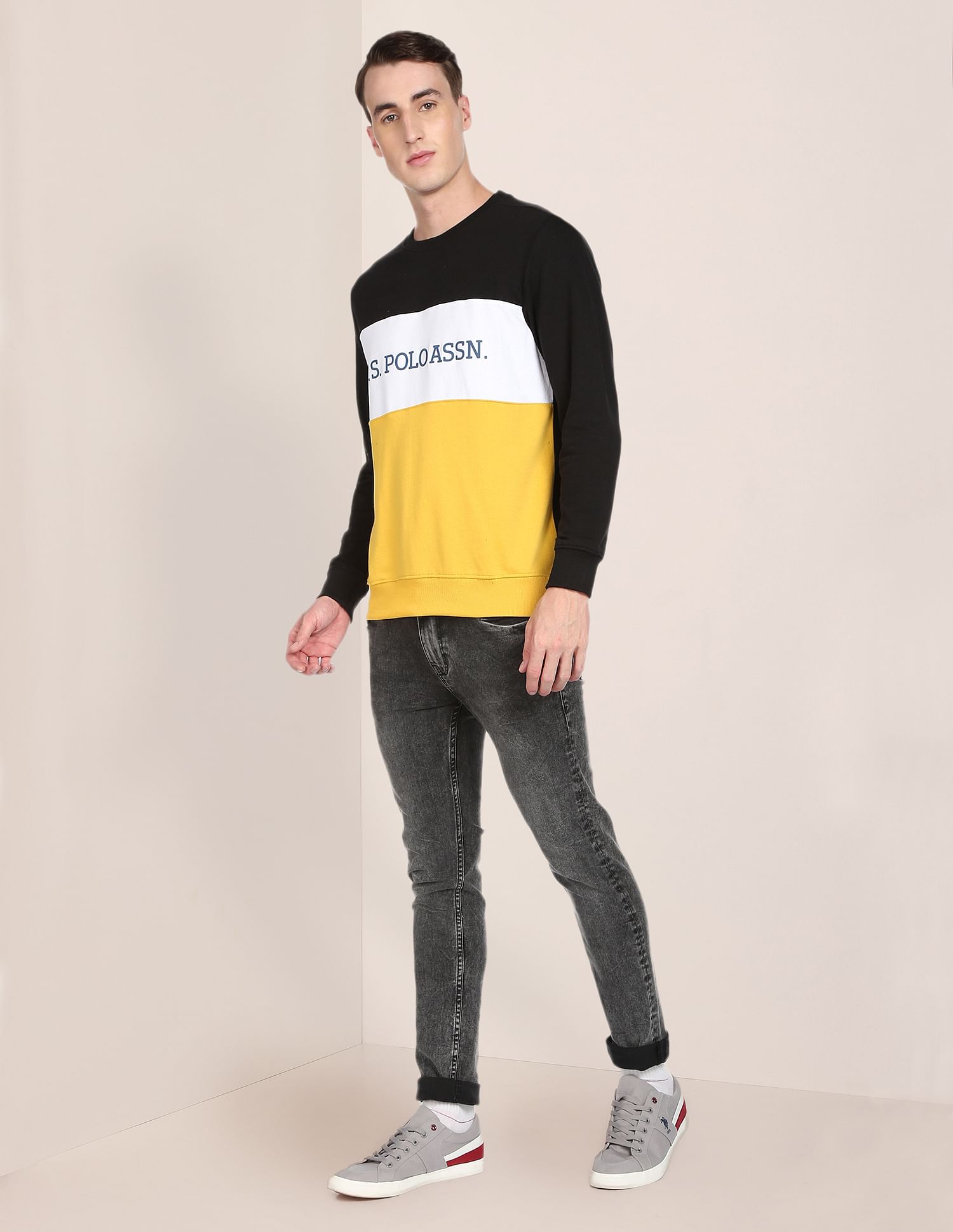 Men Black And Yellow Colour Block Crew Neck Sweatshirt Black and Yellow - U.S. POLO ASSN. | Large