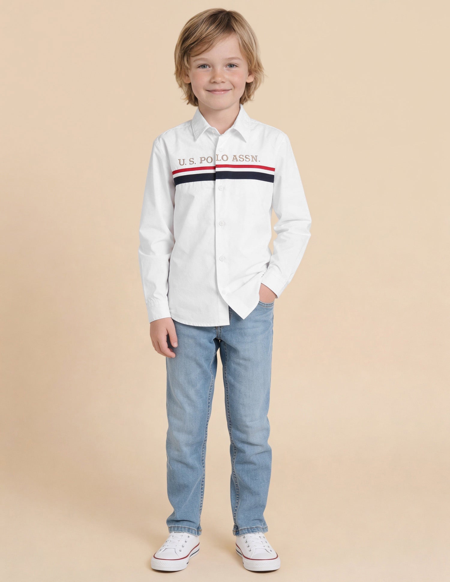 Solid Stripe Detail Regular Fit Shirt White - U.S. Polo Assn. India | Large