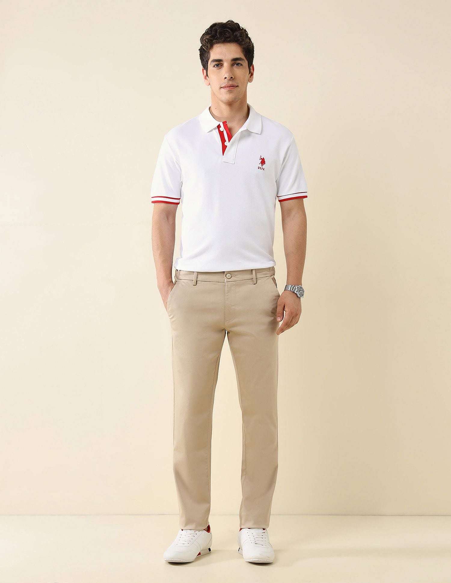 Striped Placket Slim Fit Polo Shirt White - U.S. Polo Assn. India | Large