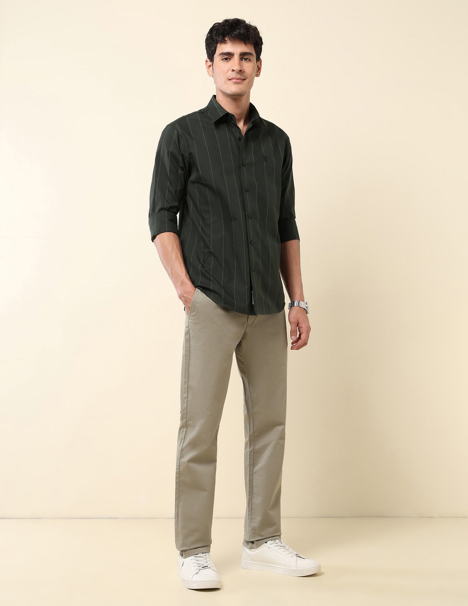 Vertical Striped Pure Cotton Shirt Olive - U.S. Polo Assn. India | Large