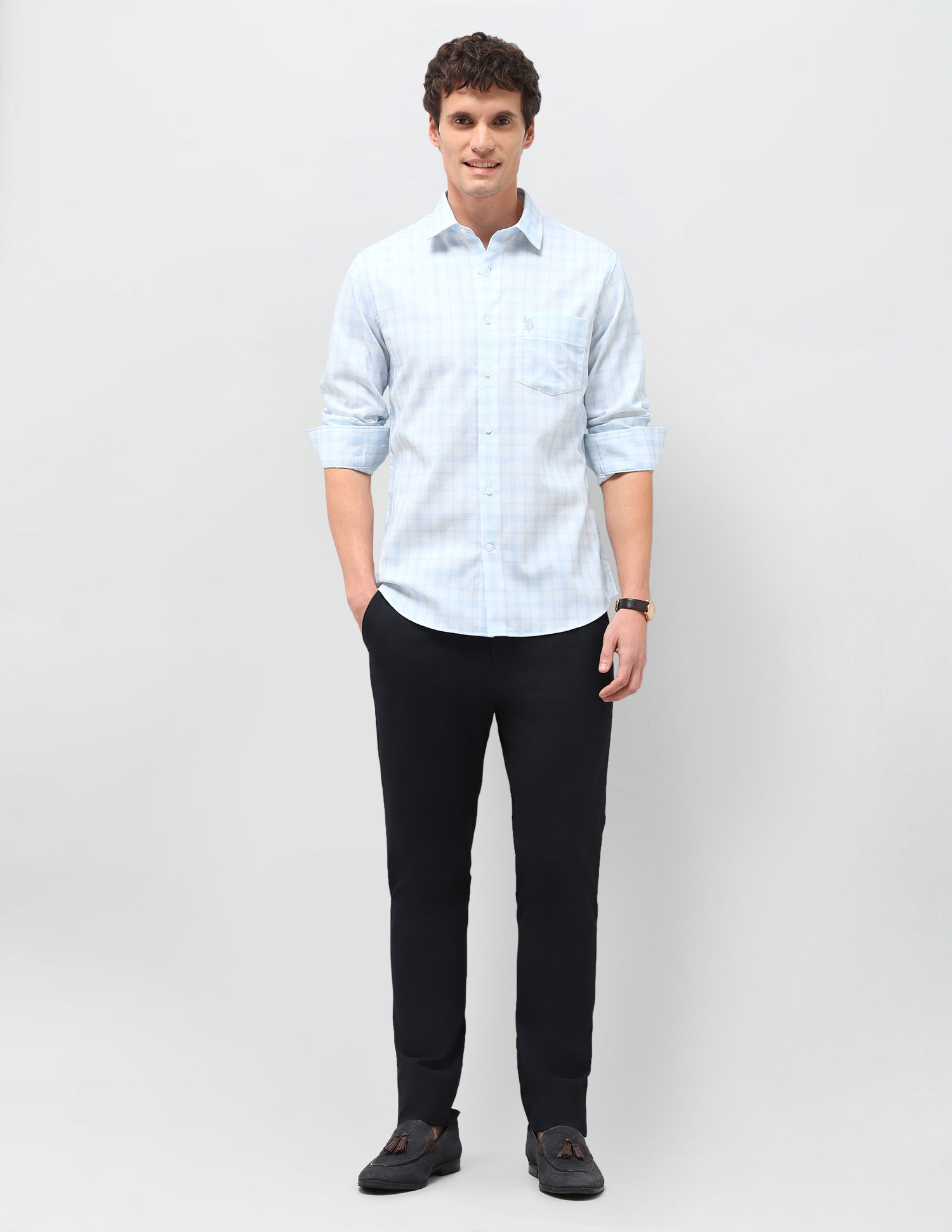 Tartan Checked Dobby Shirt Light Blue - U.S. Polo Assn. India | Large
