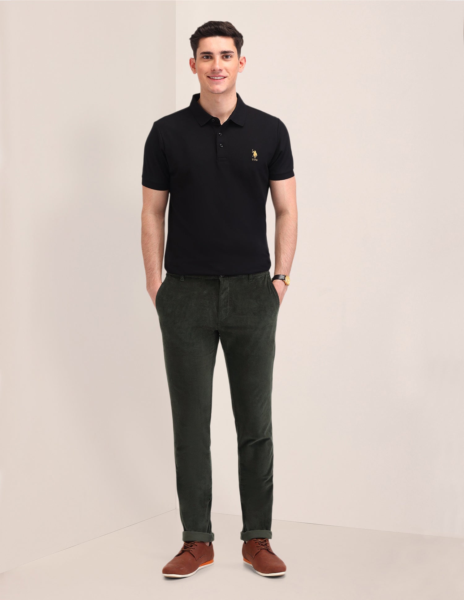 Denver Slim Fit Mid Rise Trousers Olive - U.S. Polo Assn. India | Large
