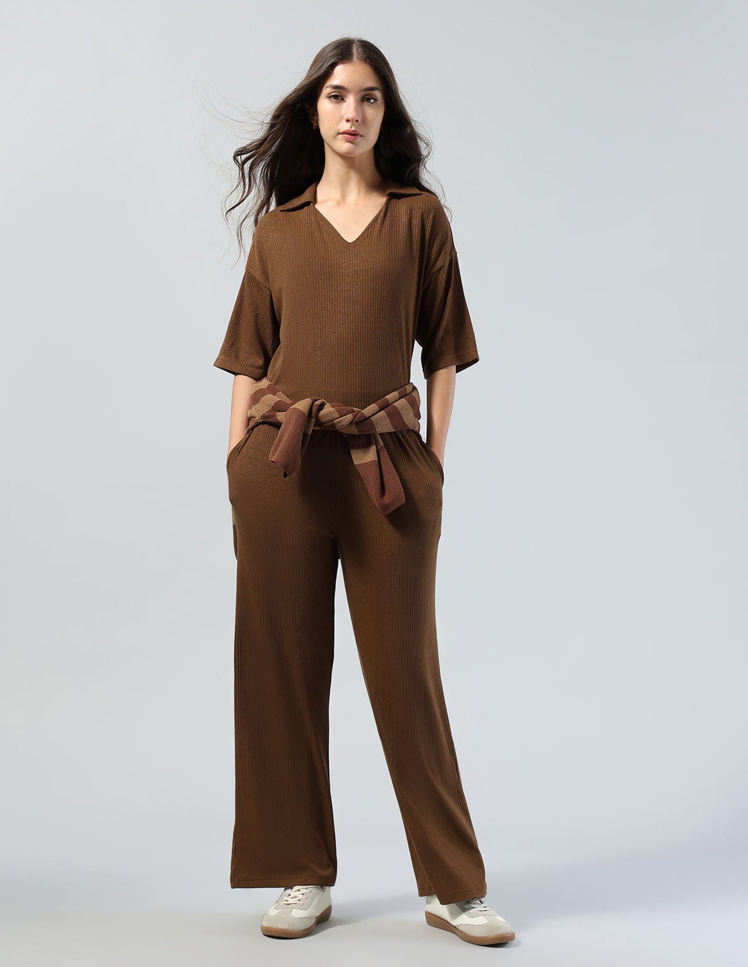 Ribbed Wide Leg Fit Lounge Trousers Brown - U.S. POLO ASSN. | Large