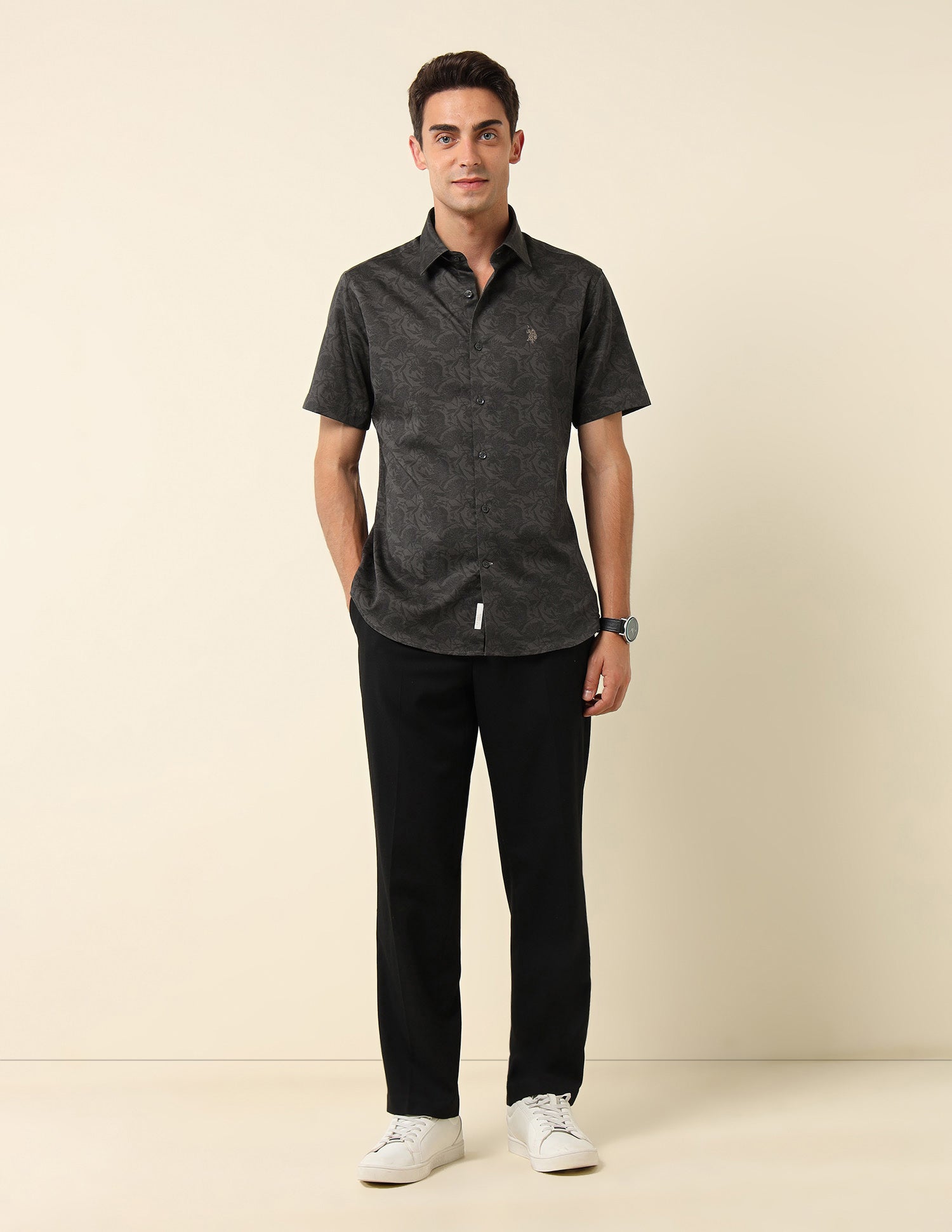 Floral Printed Pure Cotton Shirt Charcoal Grey - U.S. POLO ASSN. | Large