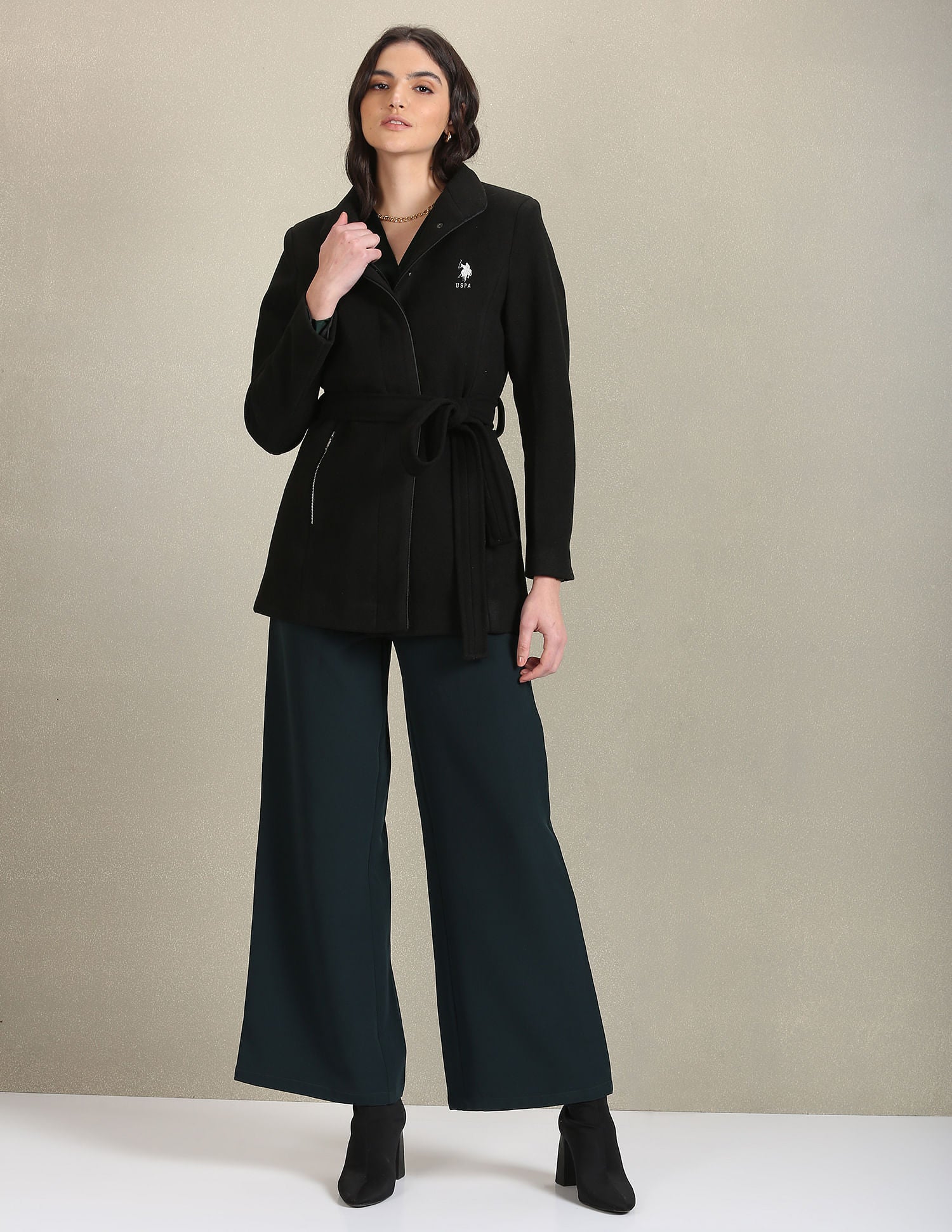 Belted Solid Jacket Black - U.S. Polo Assn. India | Large