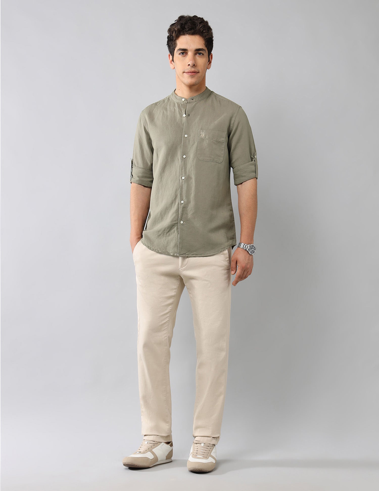 Solid Mandarin Collar Shirt Olive - U.S. Polo Assn. India | Large