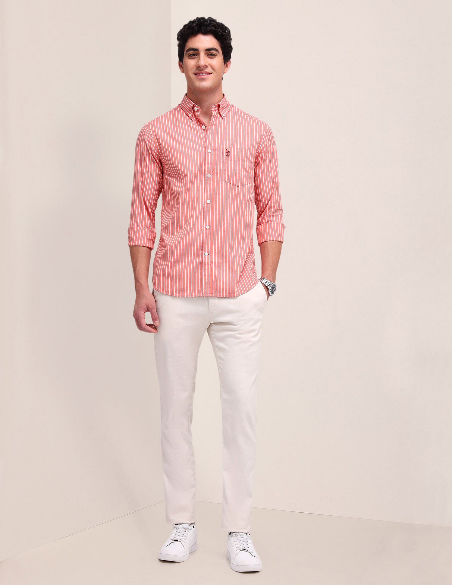 Dobby Weave Regular Fit Shirt Orange - U.S. Polo Assn. India | Large