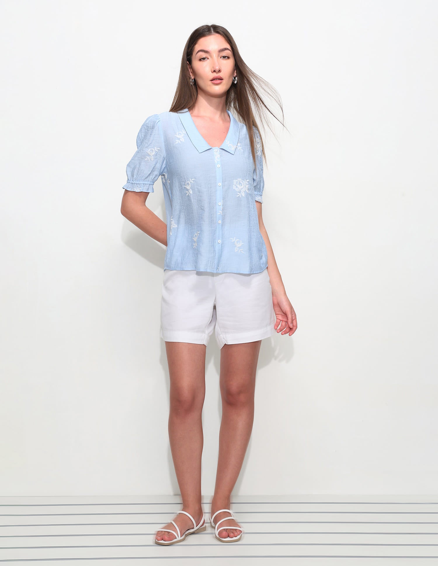 Flat Collar Floral Embroidered Top Blue - U.S. Polo Assn. India | Large