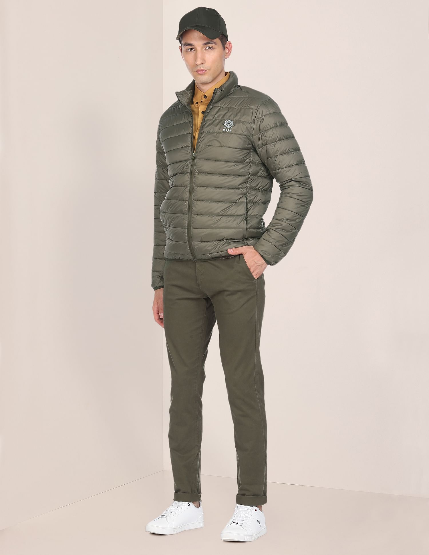 High Neck Nylon Solid Puffer Jacket Olive - U.S. POLO ASSN. | Large