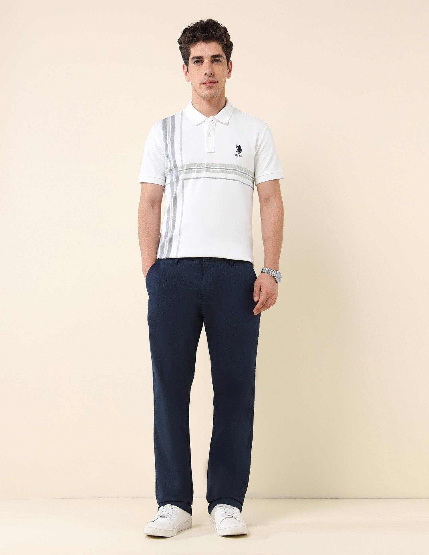 Solid Riley Fit Straight Fit Trousers Navy - U.S. POLO ASSN. | Large