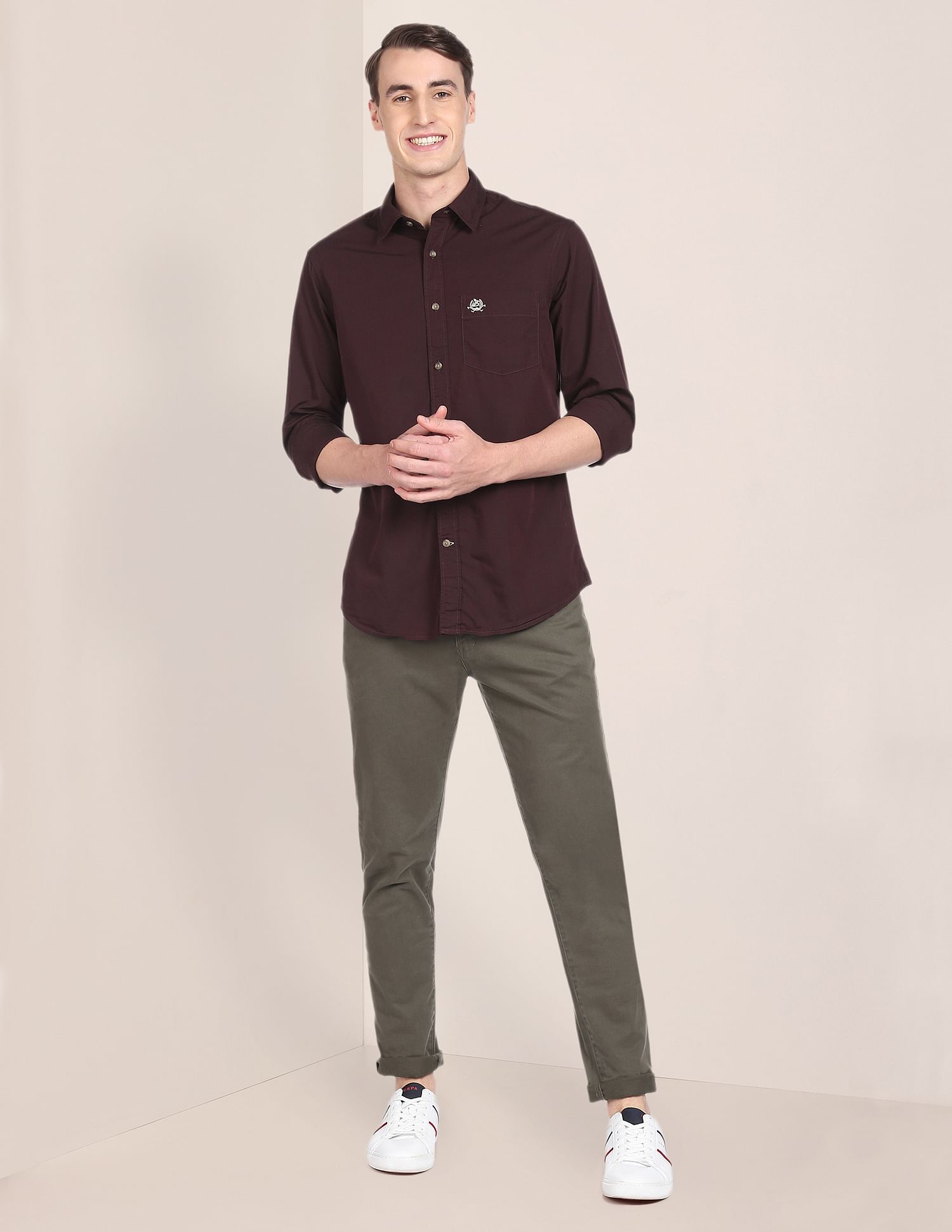 Tailored Regular Fit Solid Casual Shirt Dark Maroon - U.S. Polo Assn. India | Large