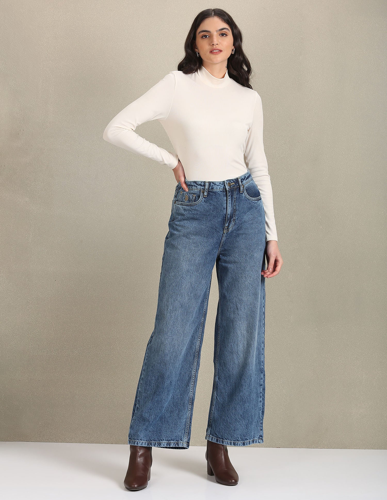 Wide Leg Mid Rise Jeans Blue - U.S. POLO ASSN. | Large