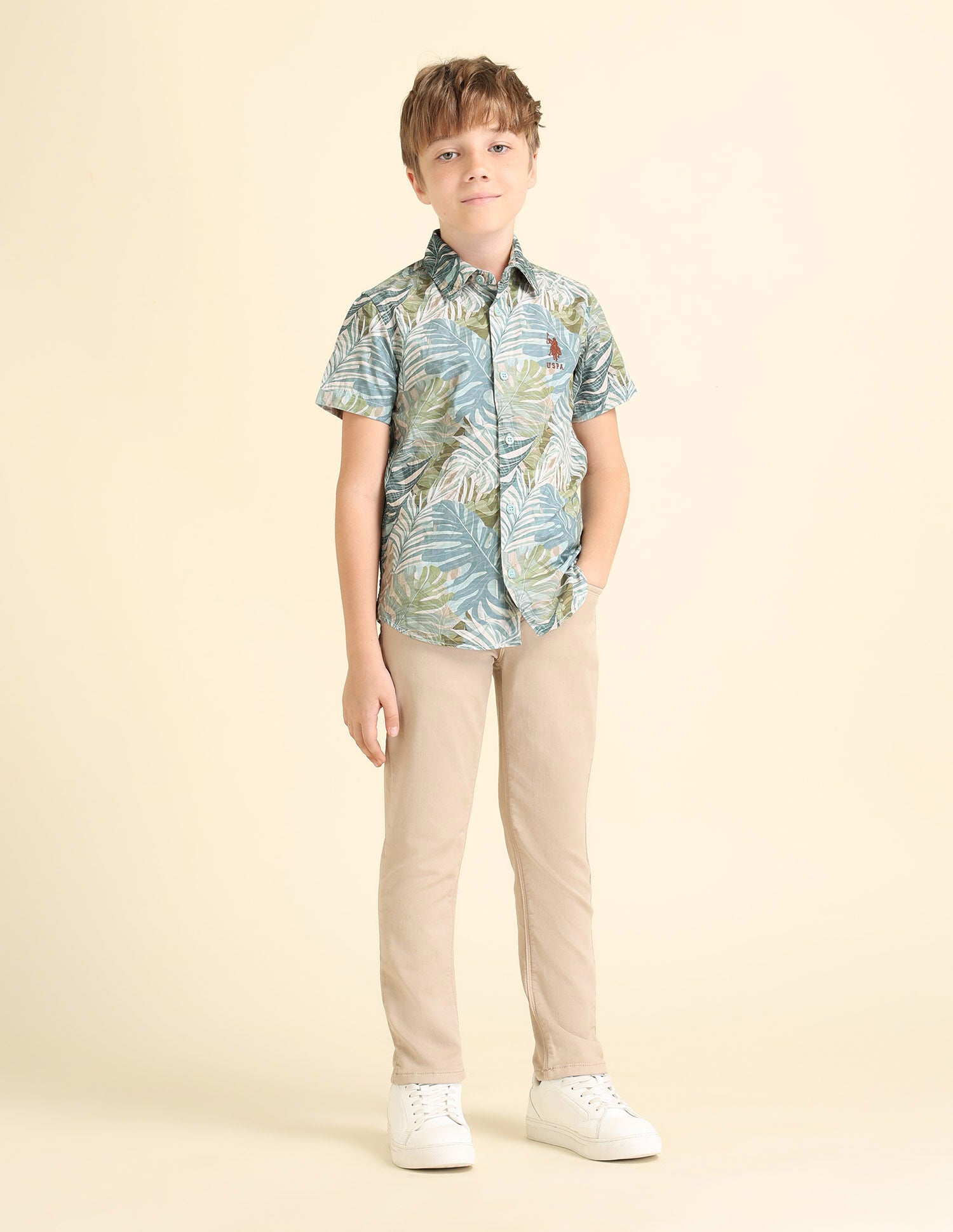 Boys Tropical Printed Regular Fit Shirt Green - U.S. POLO ASSN. | Large
