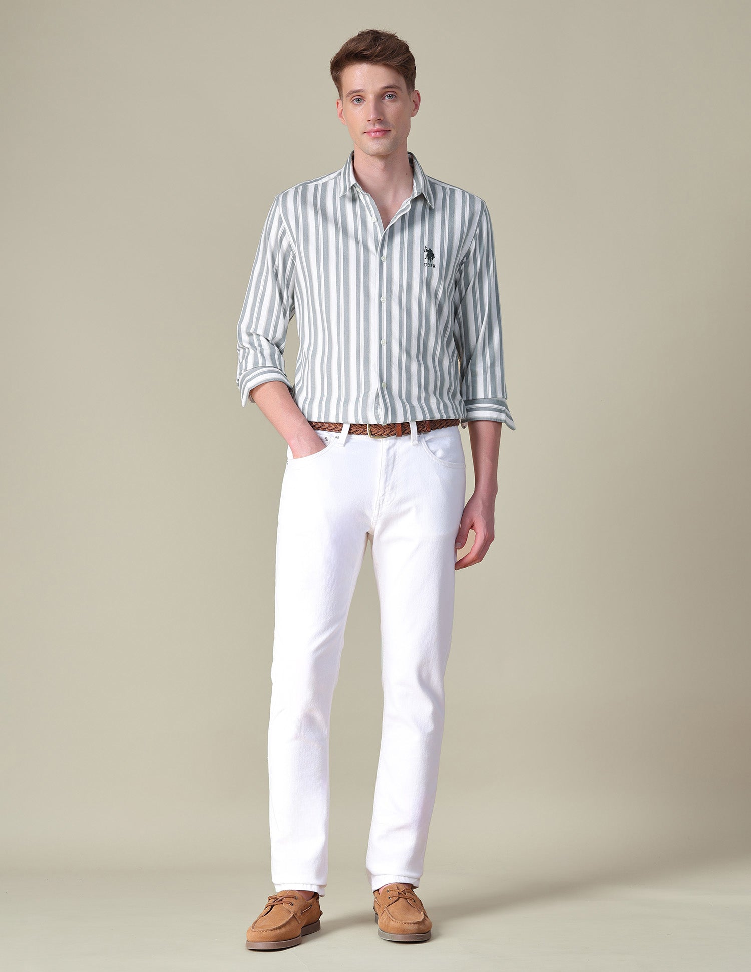 Vertical Striped Twill Shirt Light Olive - U.S. POLO ASSN. | Large