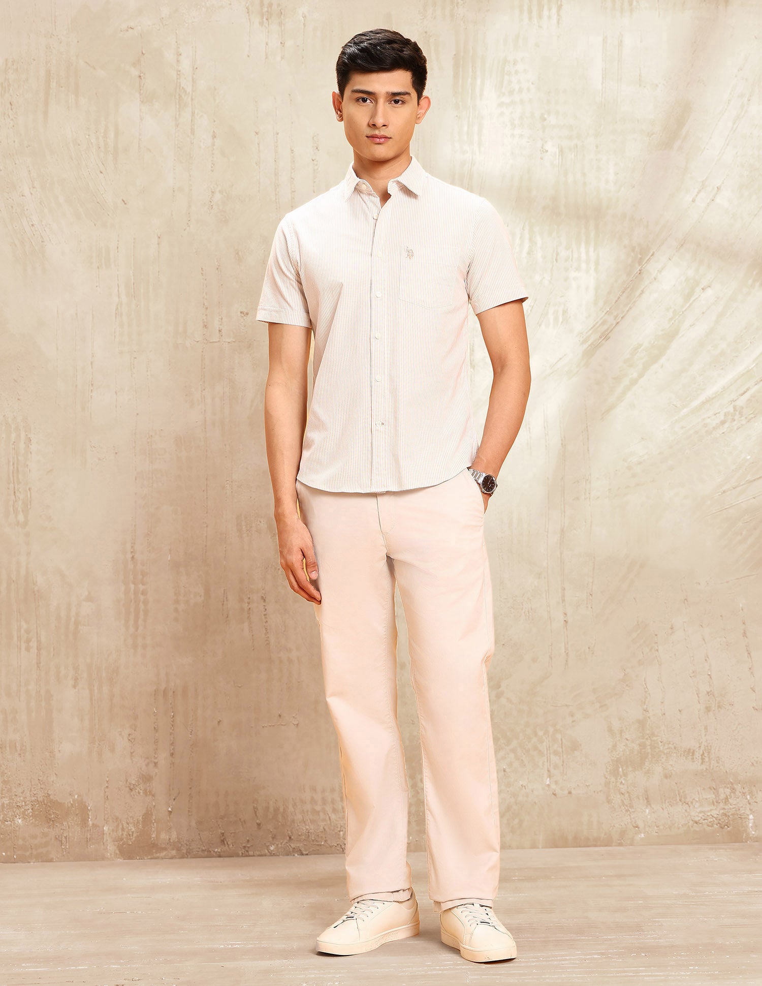 Vertical Striped Tailored Fit Shirt Beige - U.S. POLO ASSN. | Large