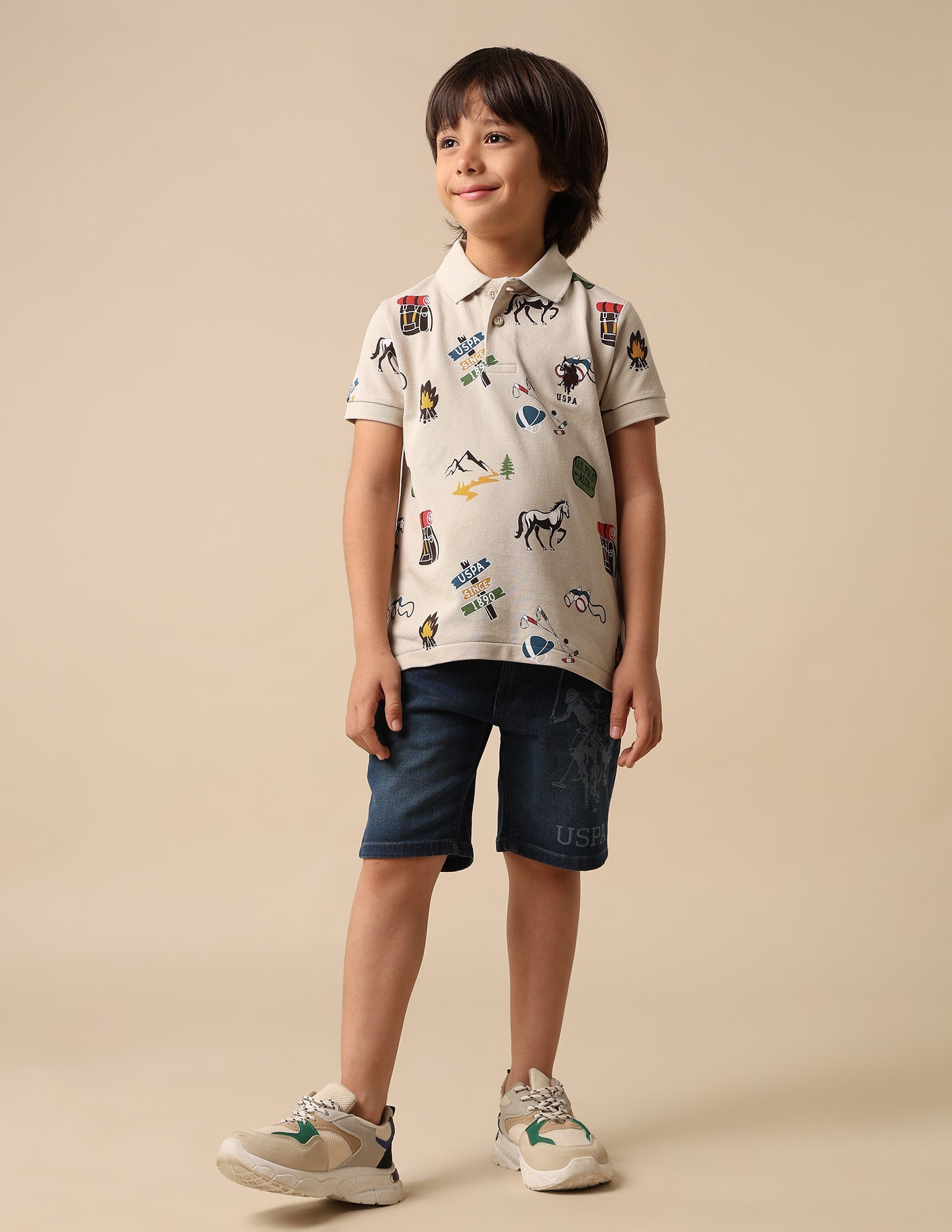 Boys All Over Printed Pure Cotton Polo Shirt Light Brown - U.S. POLO ASSN. | Large