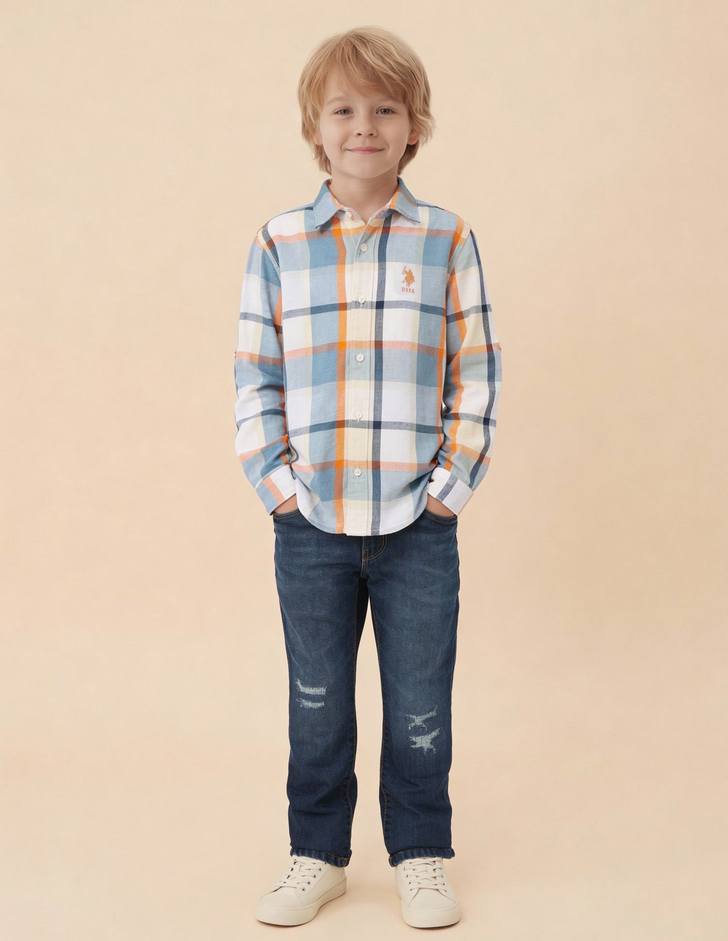 Boys Plaid Checked Dobby Shirt Light Blue - U.S. Polo Assn. India | Large