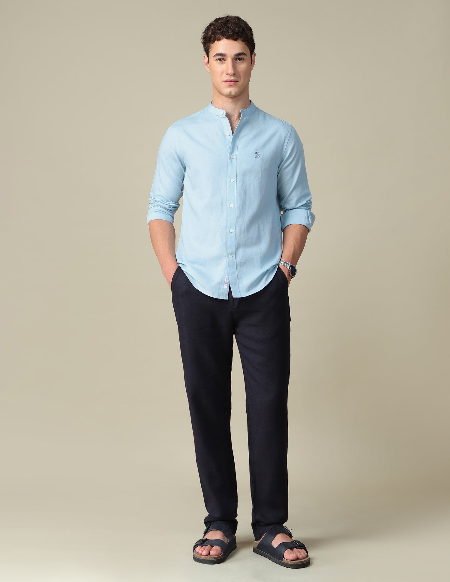 Tailored Fit Mandarin Shirt Light Blue - U.S. Polo Assn. India | Large