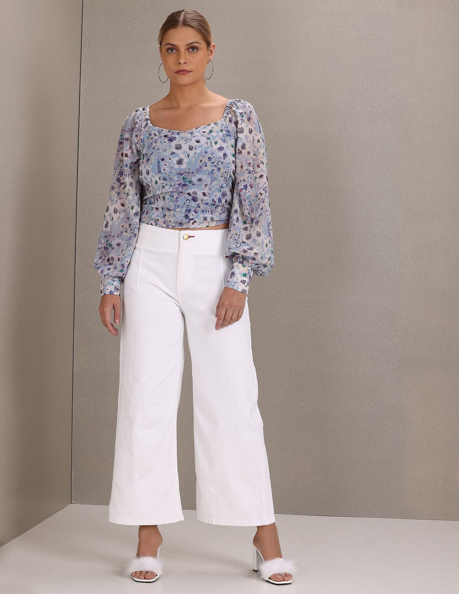 Square Neck Floral Print Woven Top Blue - U.S. Polo Assn. India | Large
