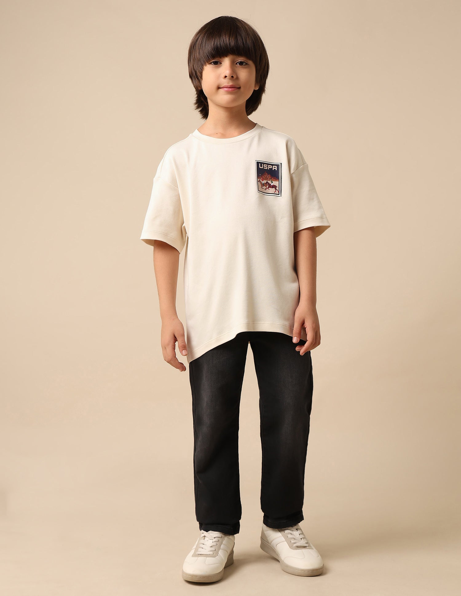 Boys Graphic Brand Printed Boxy Fit T Shirt Off White - U.S. POLO ASSN. | Large
