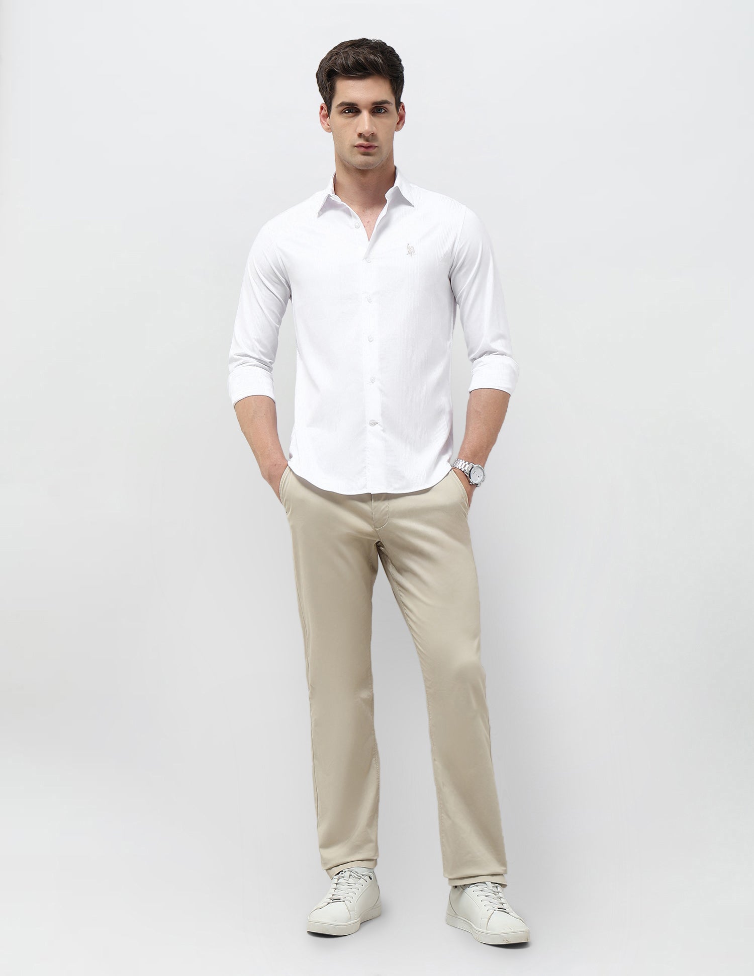 Tailored Fit Self Design Vertical Striped Shirt White - U.S. POLO ASSN. | Large