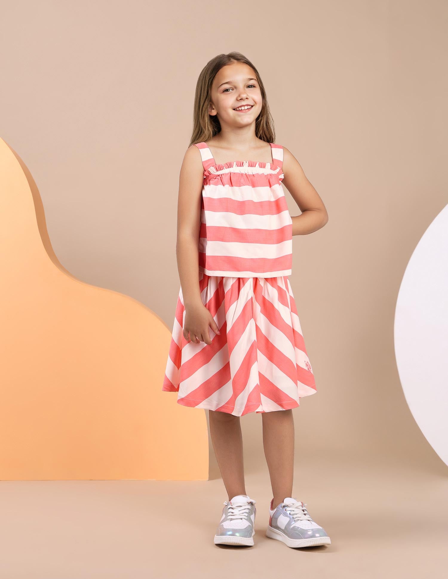 Girls Diagonal Striped Cotton Top Coral - U.S. POLO ASSN. | Large