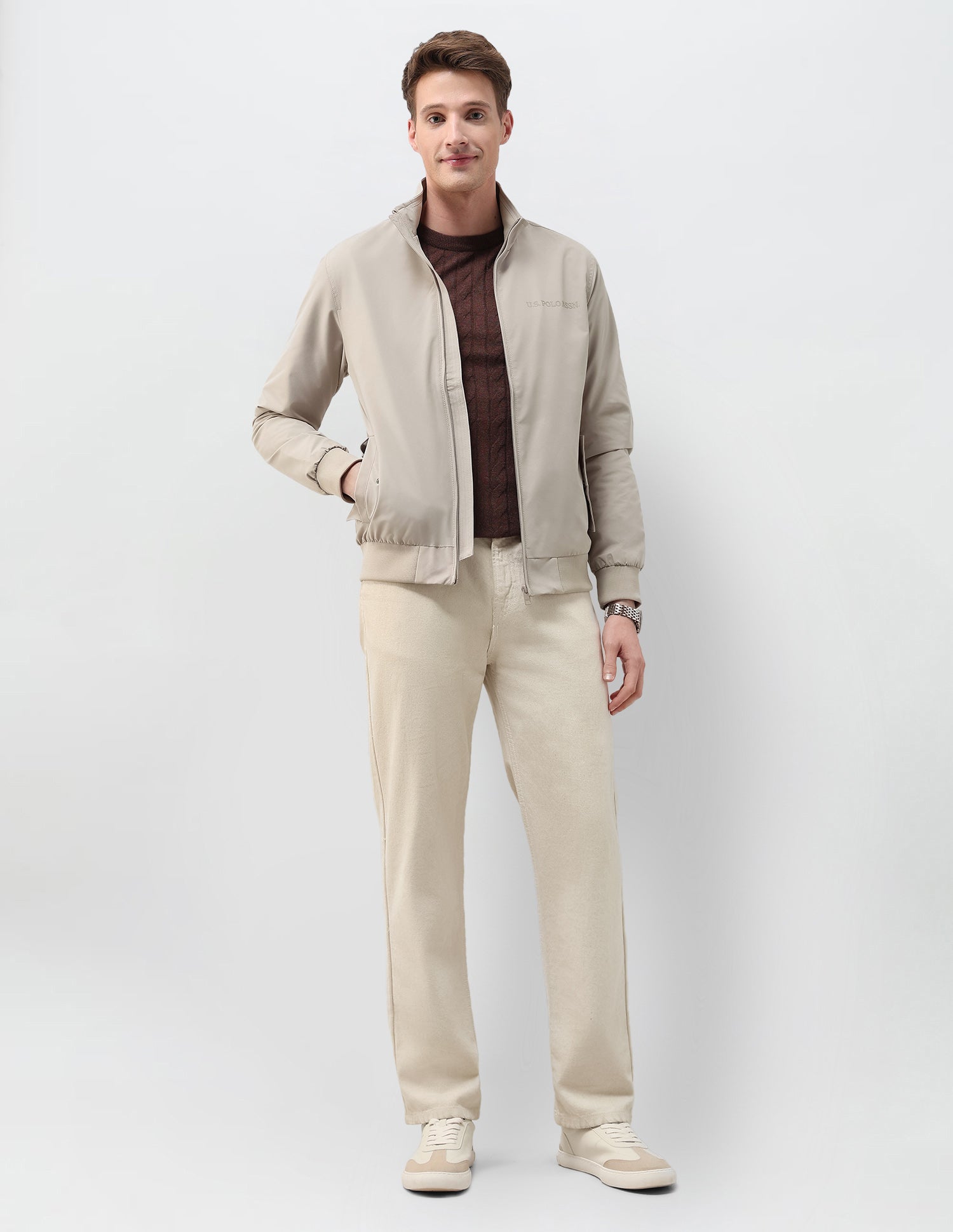 Regular Fit Solid Casual Jacket Beige - U.S. Polo Assn. India | Large